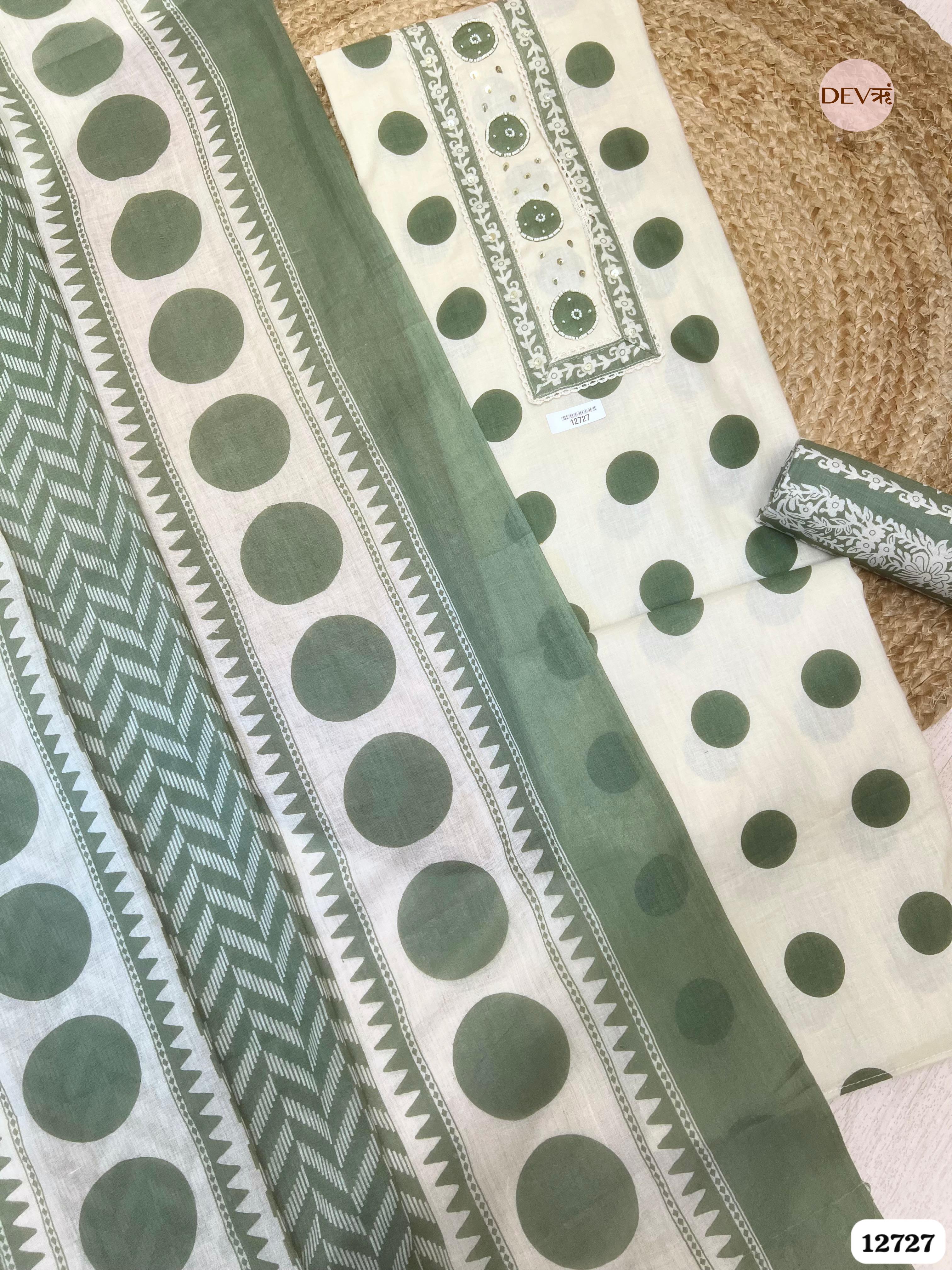 Sage Green Cotton Printed Unstitched 3-Piece Suit (Devri – D.No 12727)