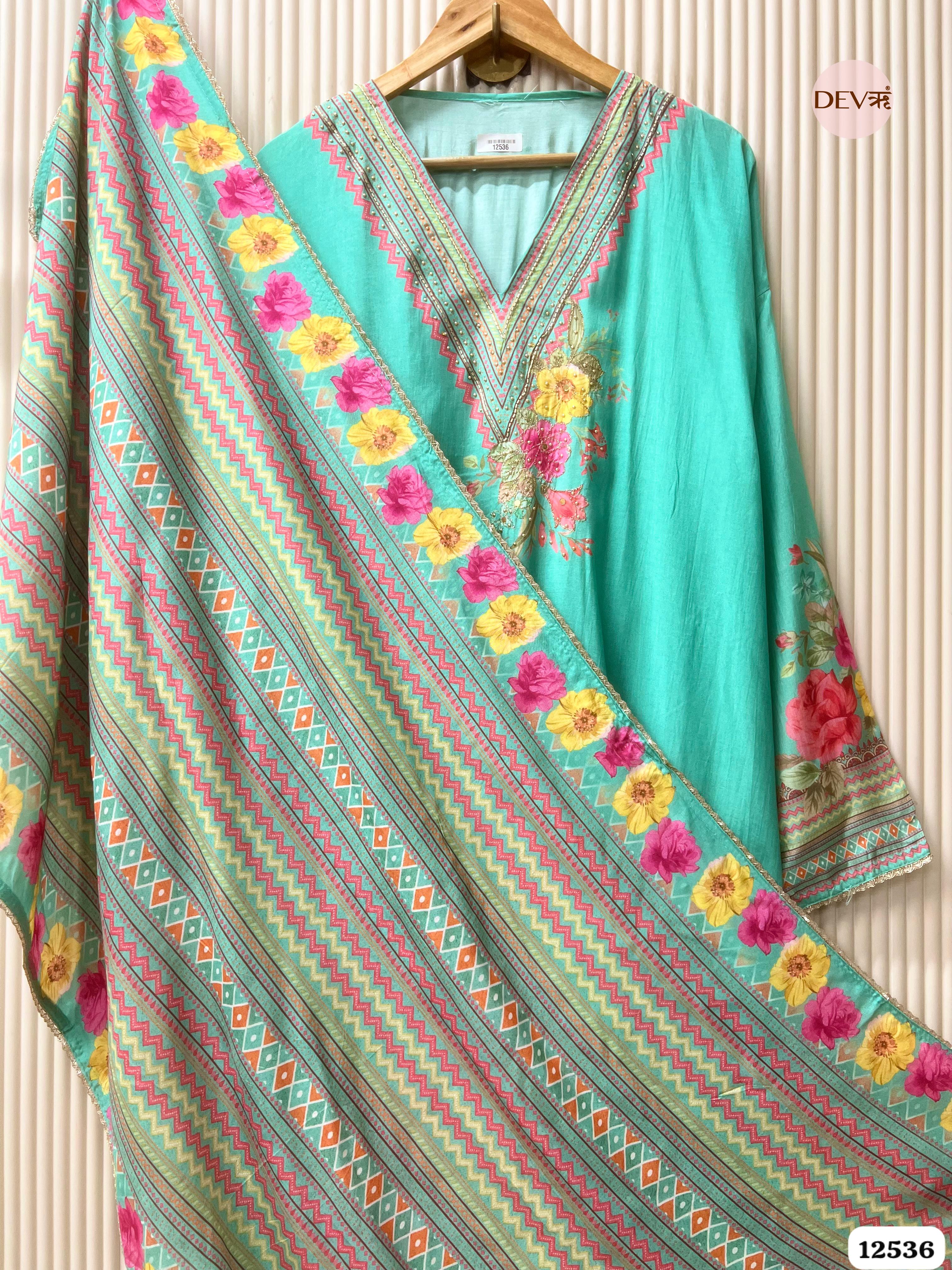 Sea Green Muslin Printed Unstitched 3-Piece Suit (Devri – D.No . 12536)