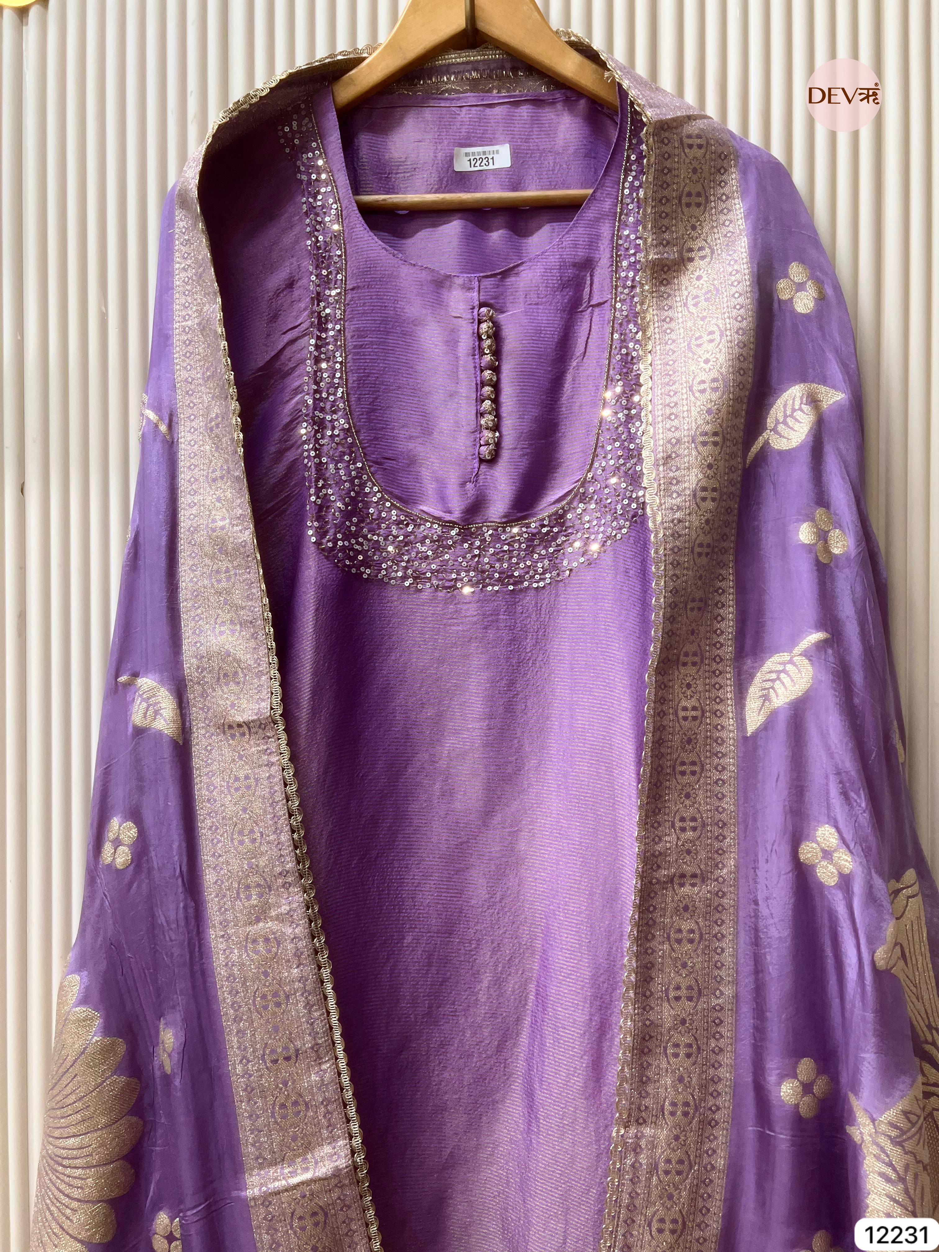 Lavender Tissue Shimmer Silk Embroidered Unstitched 3-Piece Suit (Devri – D.No 12231)