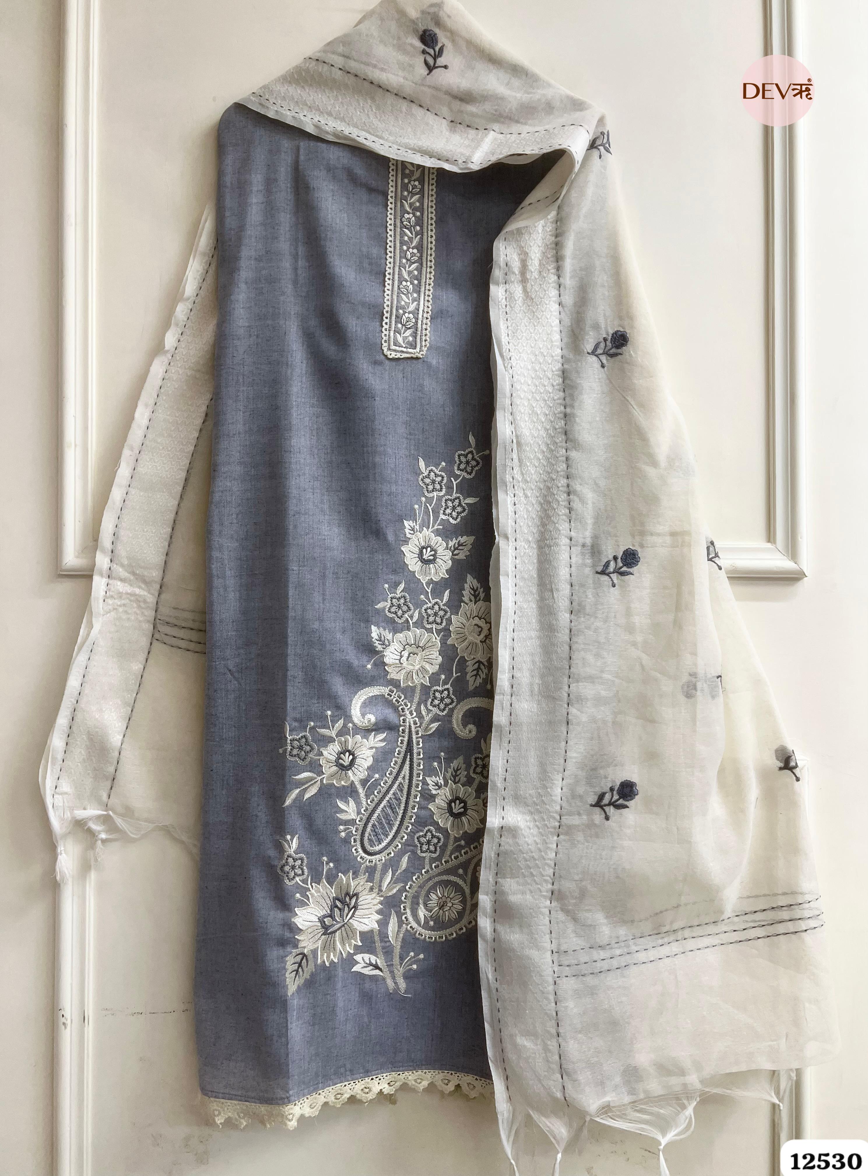 Grey Handloom Cotton Embroidered Unstitched 3-Piece Suit (Devri – D.No 12530)
