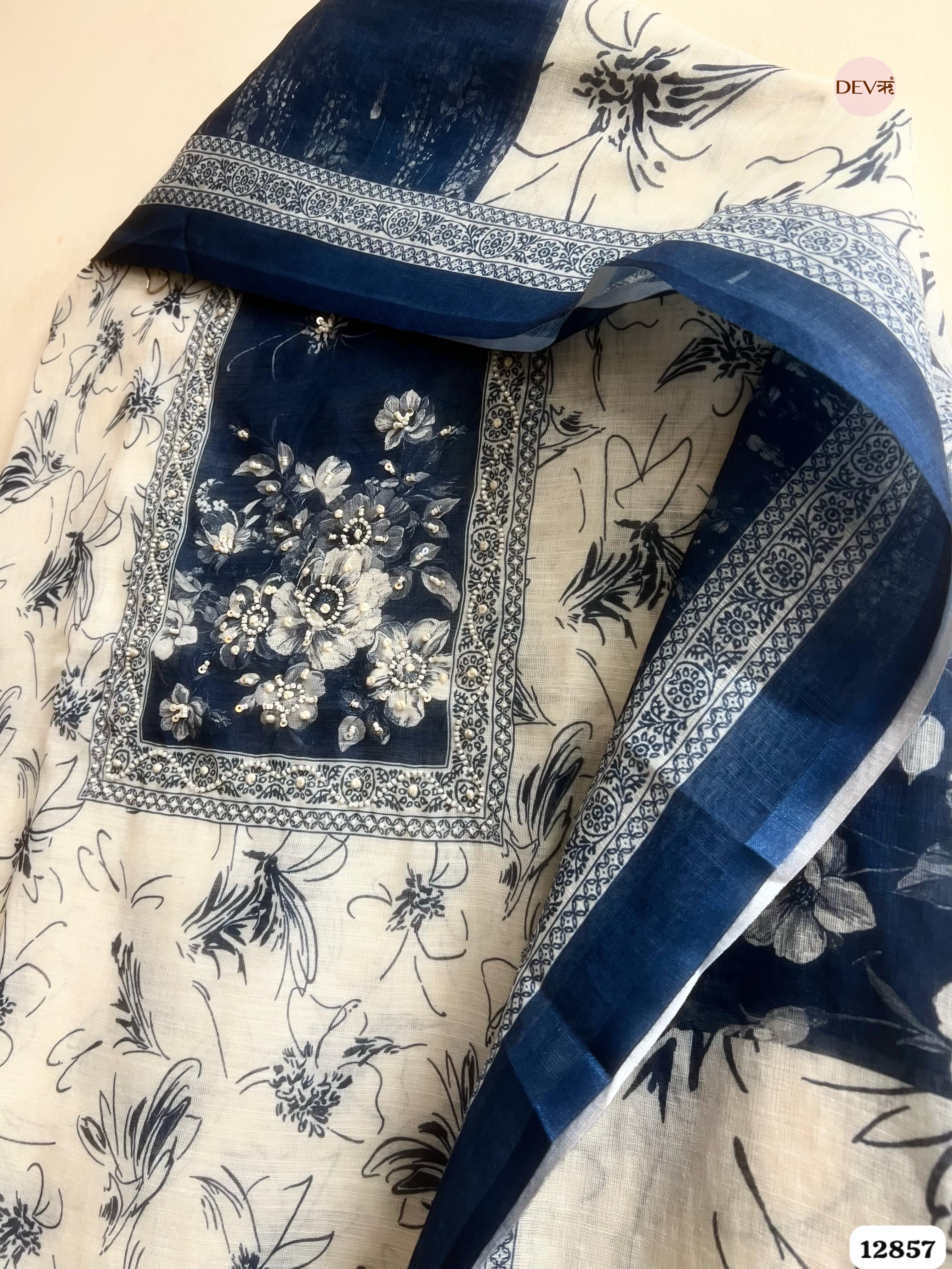 Navy Linen Cotton Printed Unstitched 3-Piece Suit (Devri – D.No 12857)