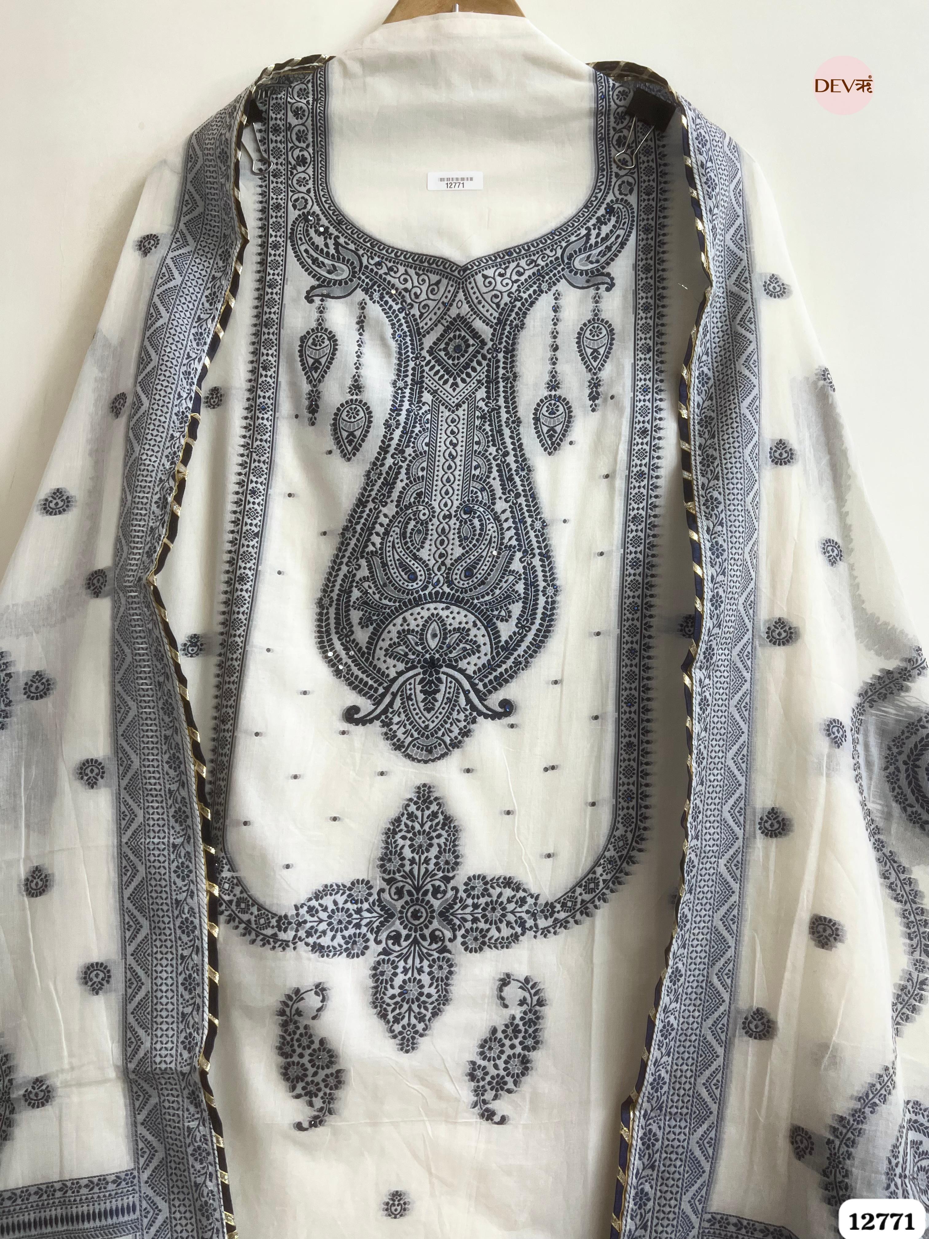 Off-White Jamdani Cotton Embroidered Unstitched 3-Piece Suit (Devri – D.No 12771)