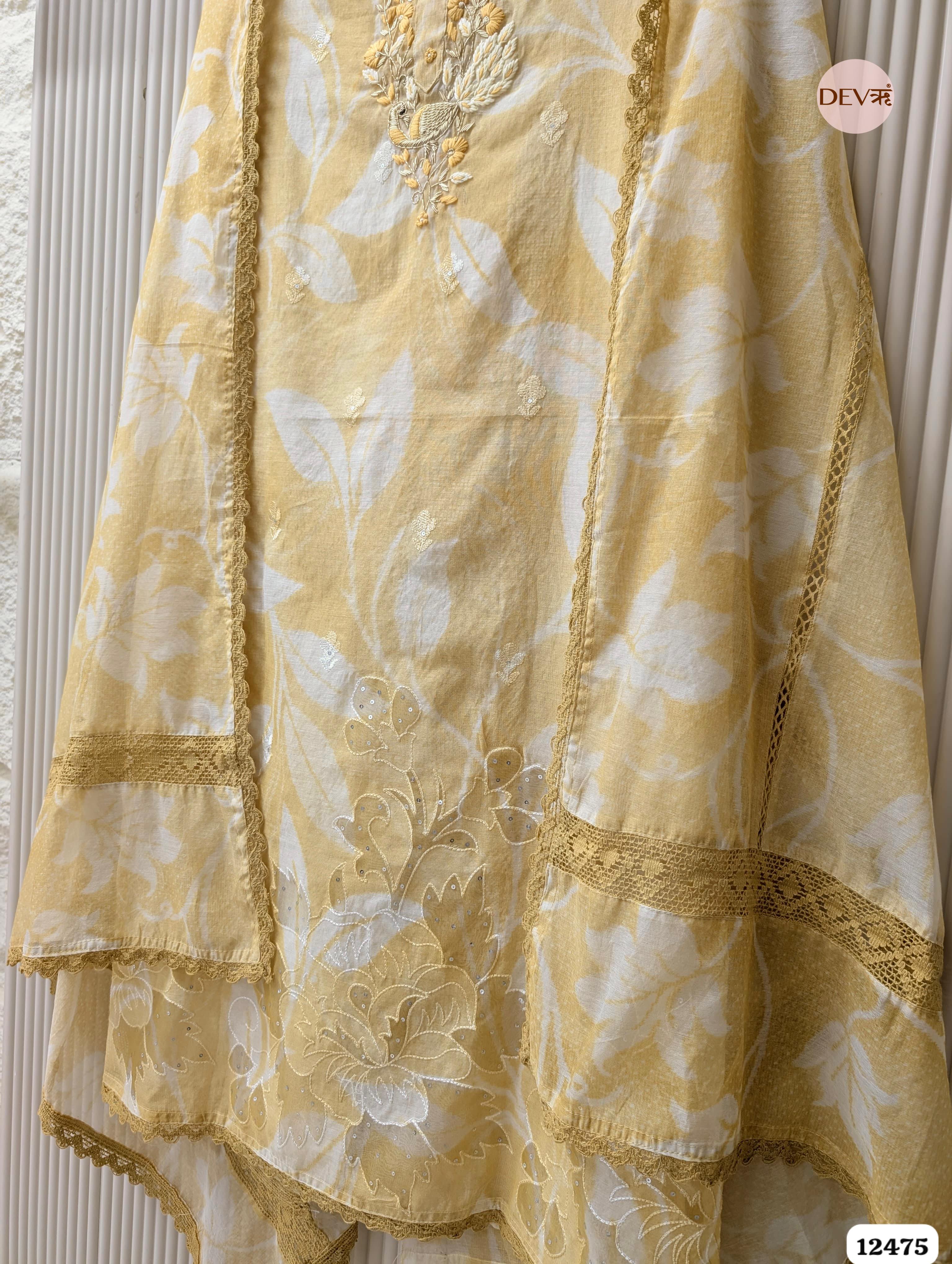 Soft Mustard Mul Chanderi Embroidered Unstitched 3-Piece Suit (Devri – D.No. 12475)