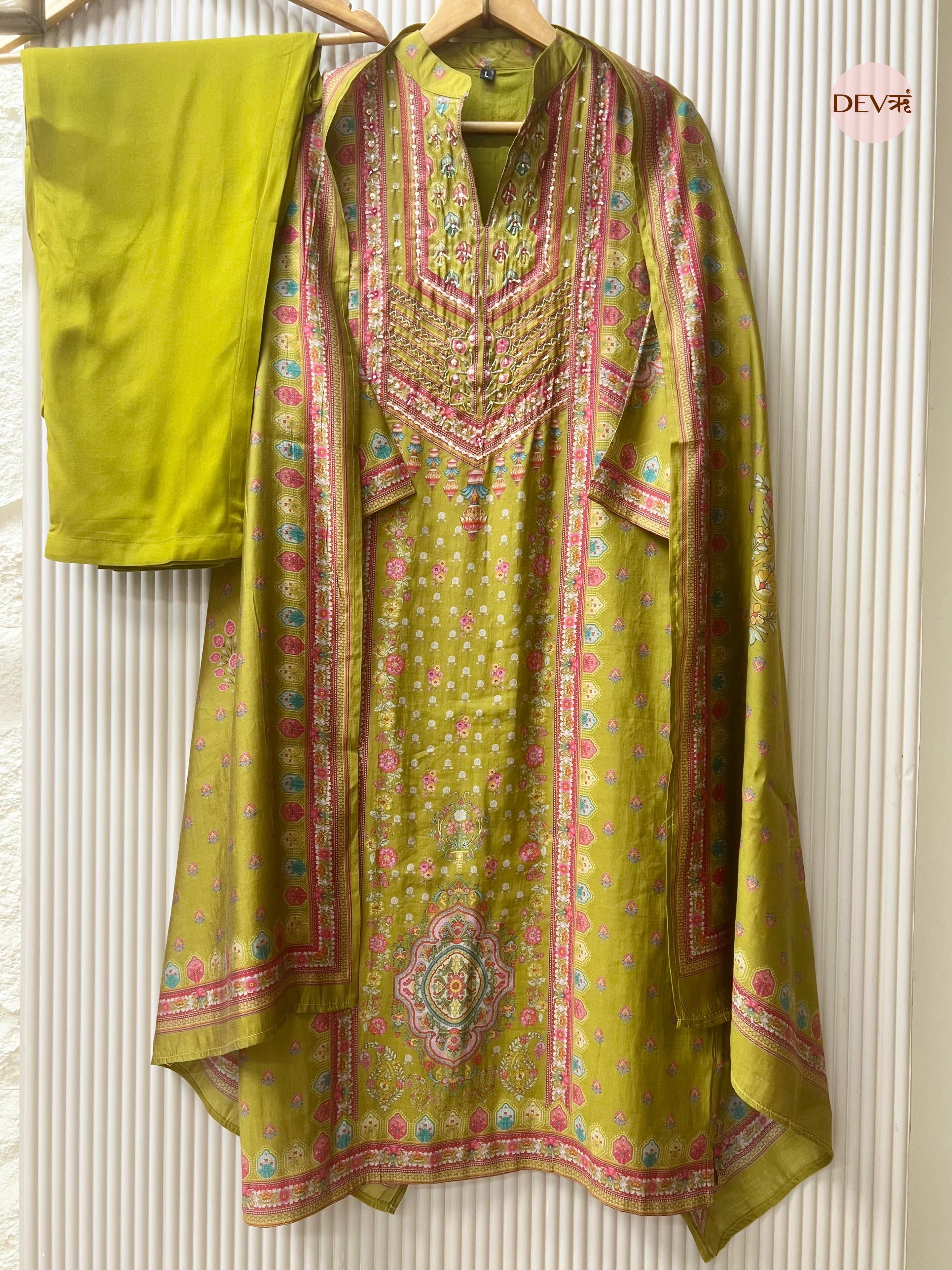 Avani Pure Modal Silk Printed Olive Green 3-Piece Set (Devri – D.No 1044)