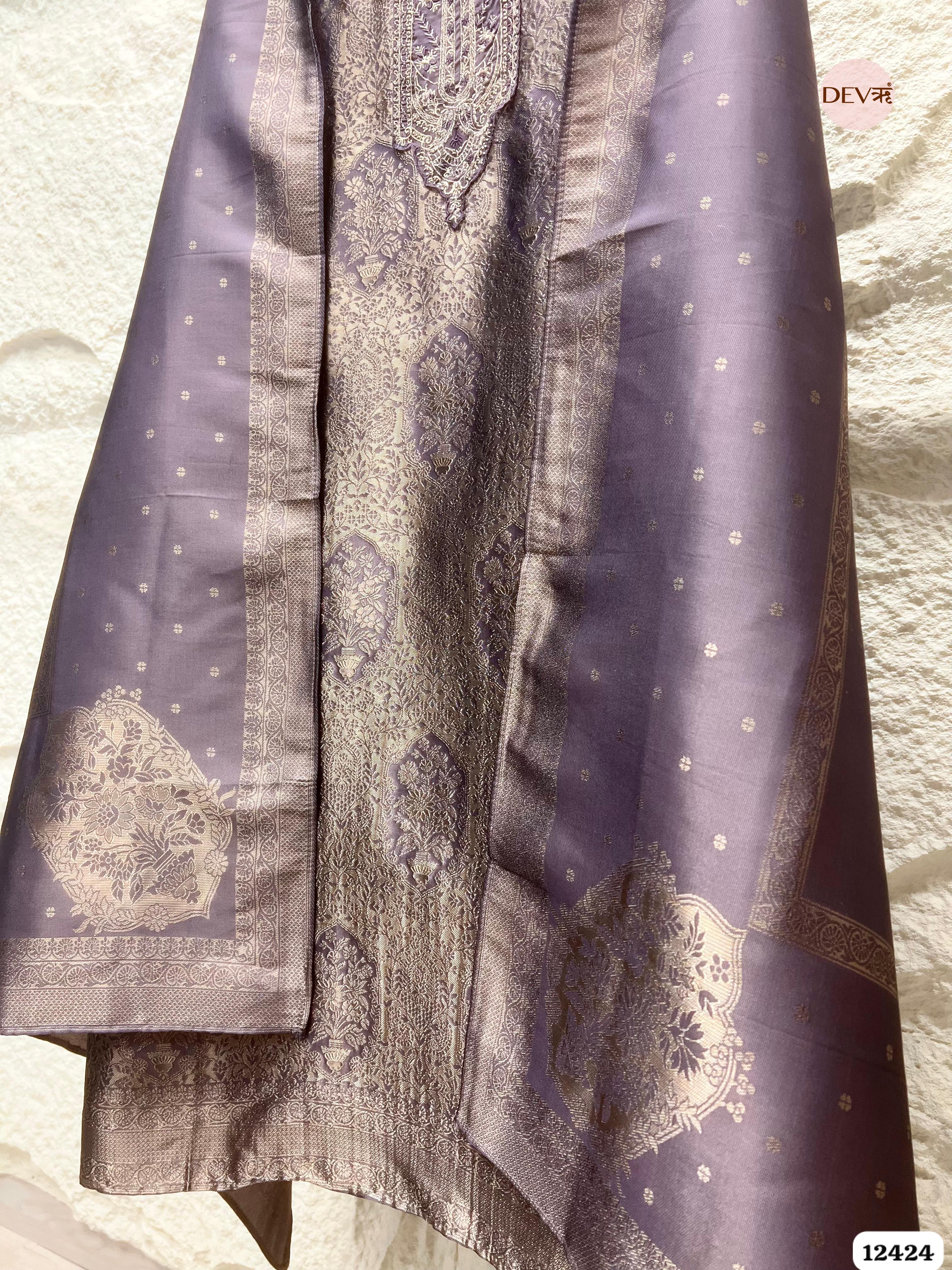 Dusty Mauve Banarasi Silk Printed Unstitched 3-Piece Suit (Devri – D.No. 12424)