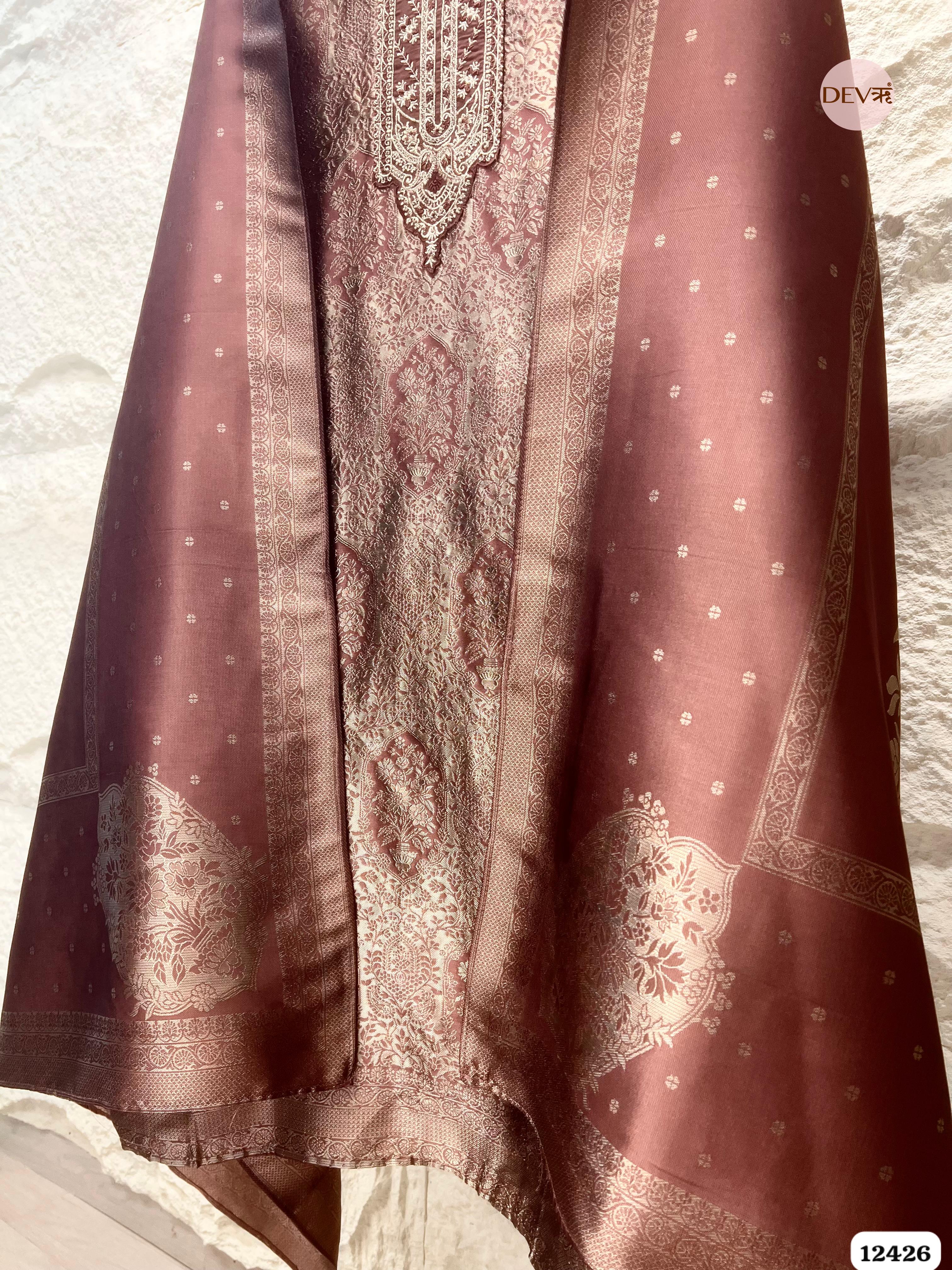 Dusty Rose Banarasi Silk Printed Unstitched 3-Piece Suit (Devri – D.No. 12426)