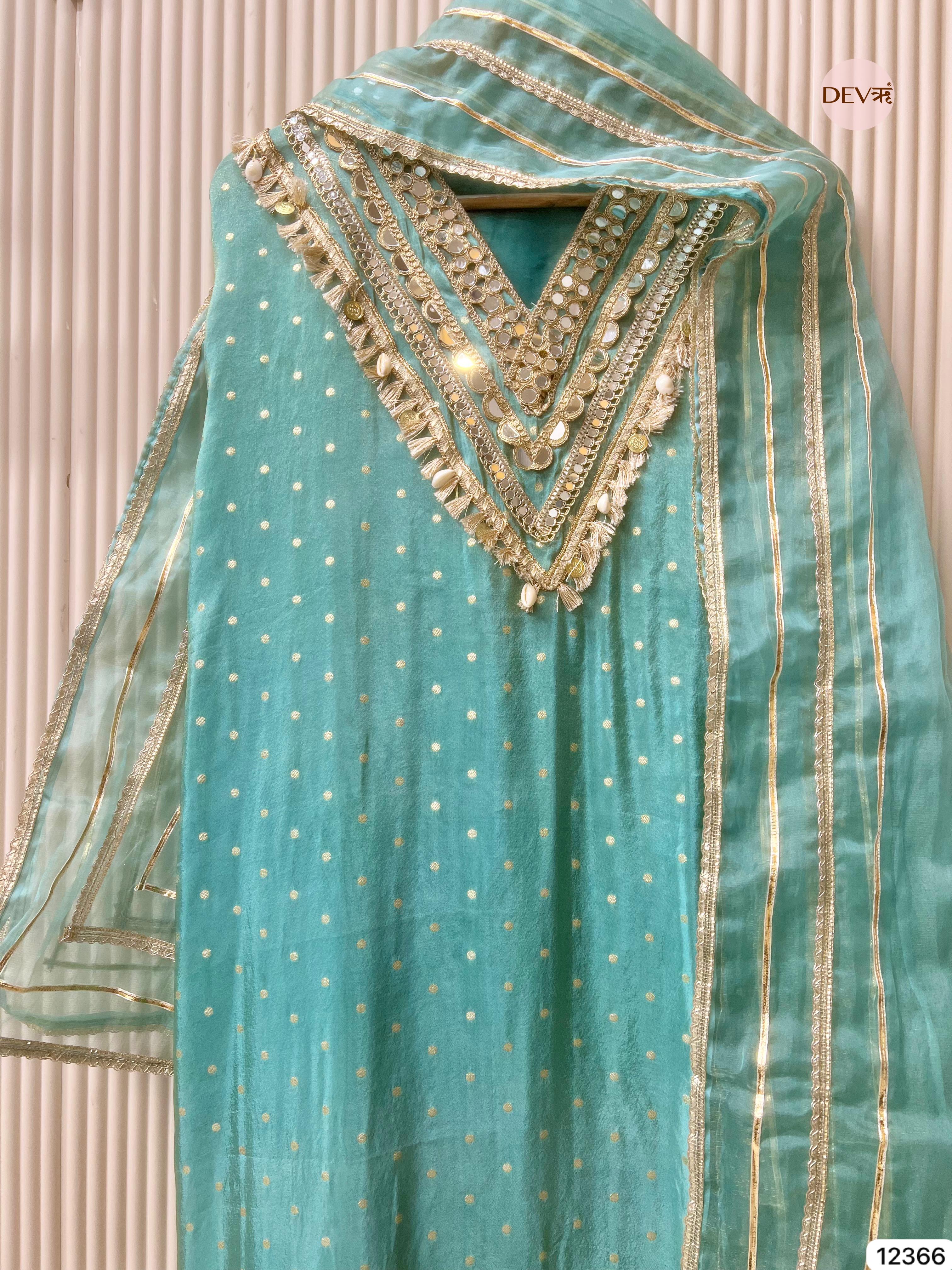 Sea Green Tissue Shimmer Embellished Unstitched 3-Piece Suit (Devri – D.No 12366)