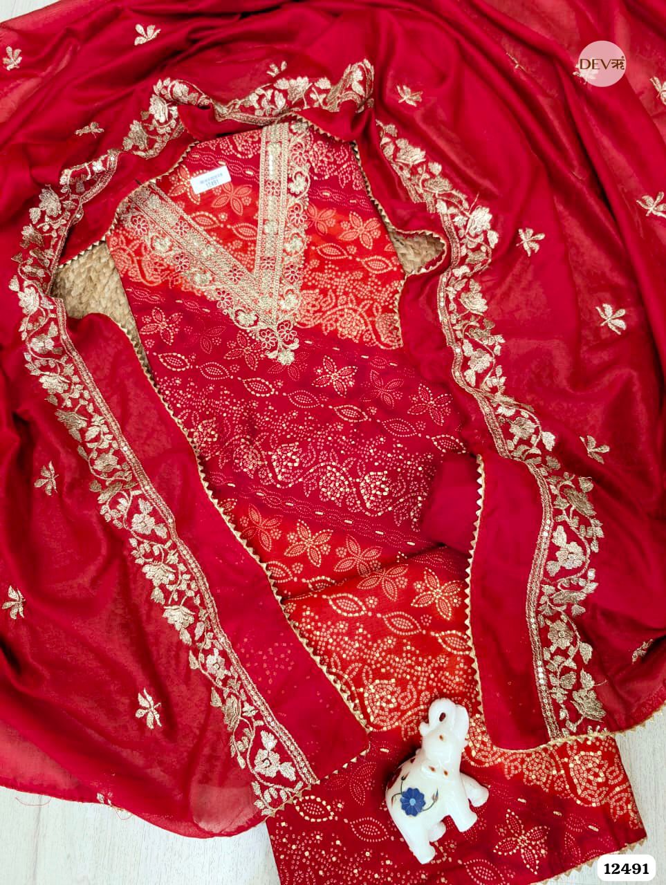 Red Modal Silk Embroidered Unstitched 3-Piece Suit (Devri – D.No 12491)