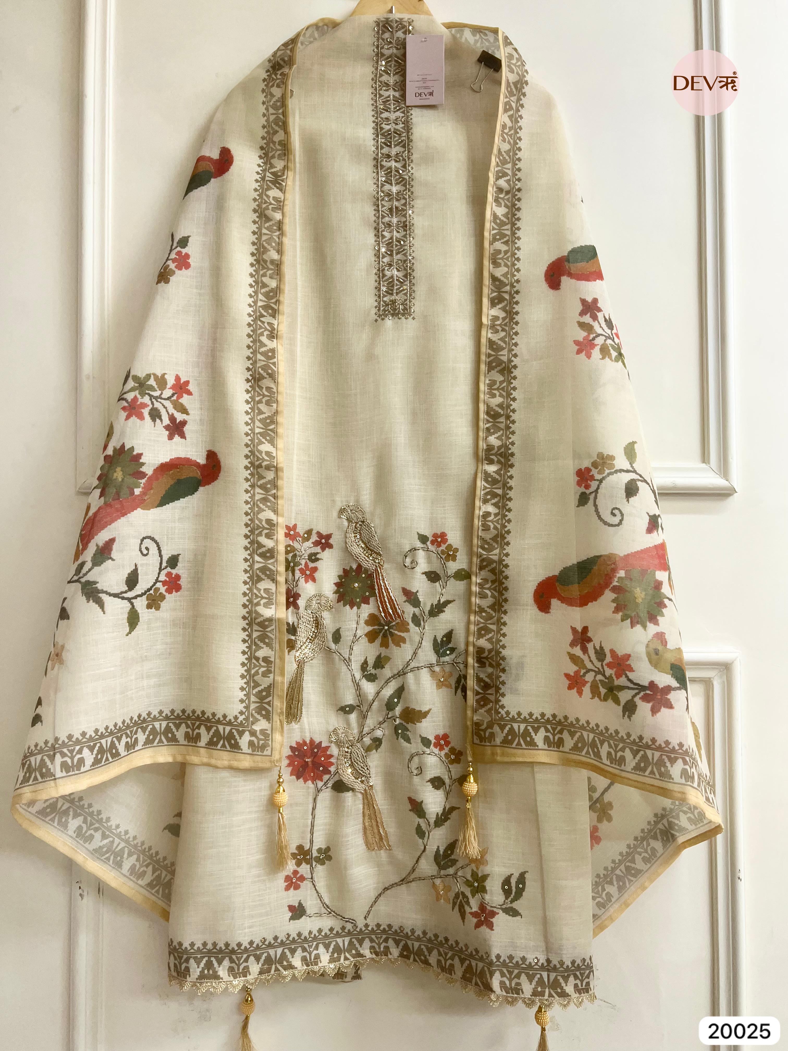 Ivory Linen Cotton Embroidered Unstitched 3-Piece Suit (Devri – D.No 20025