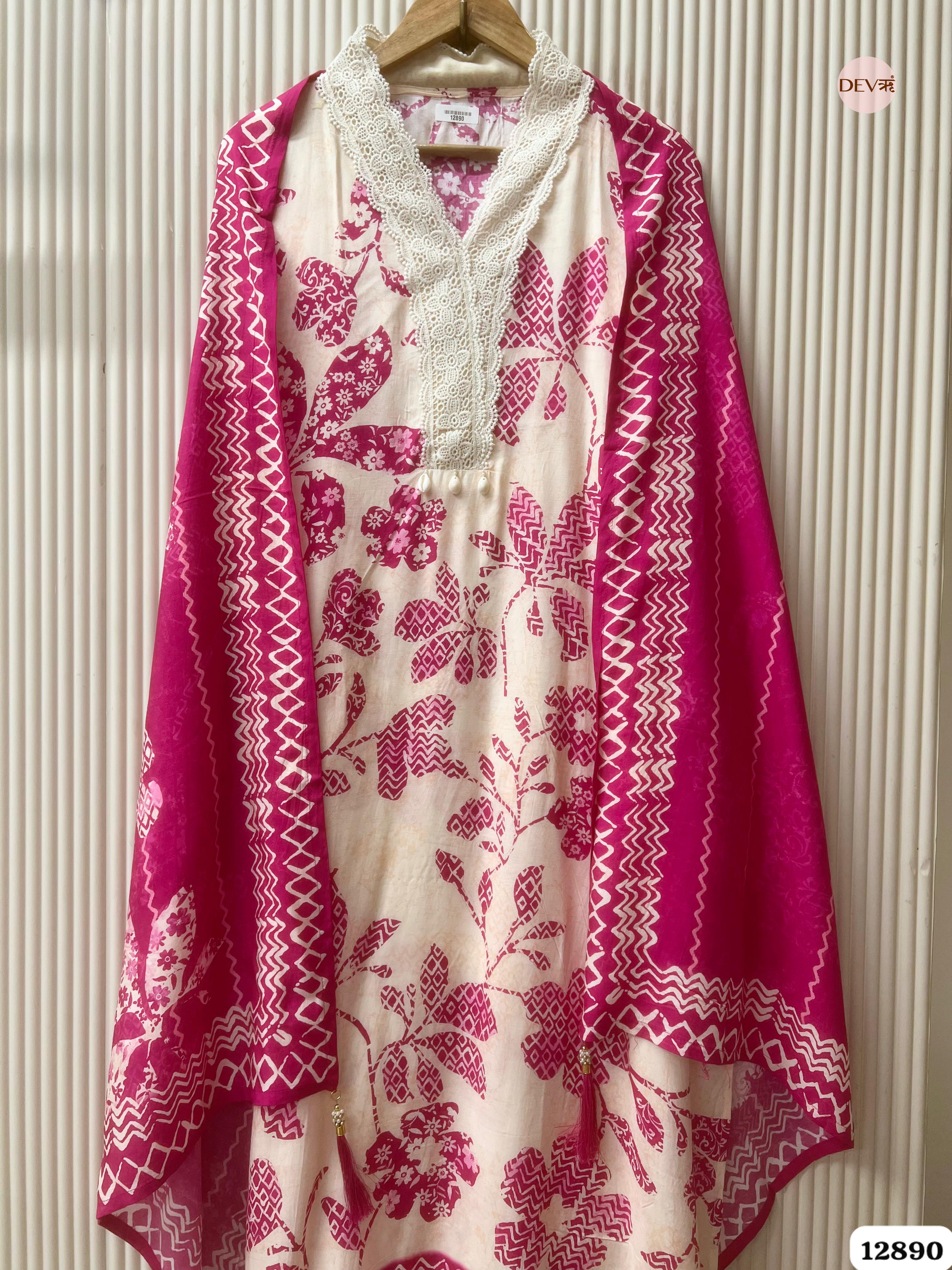Pink Muslin Printed Unstitched 3-Piece Suit (Devri – D.No 12890)