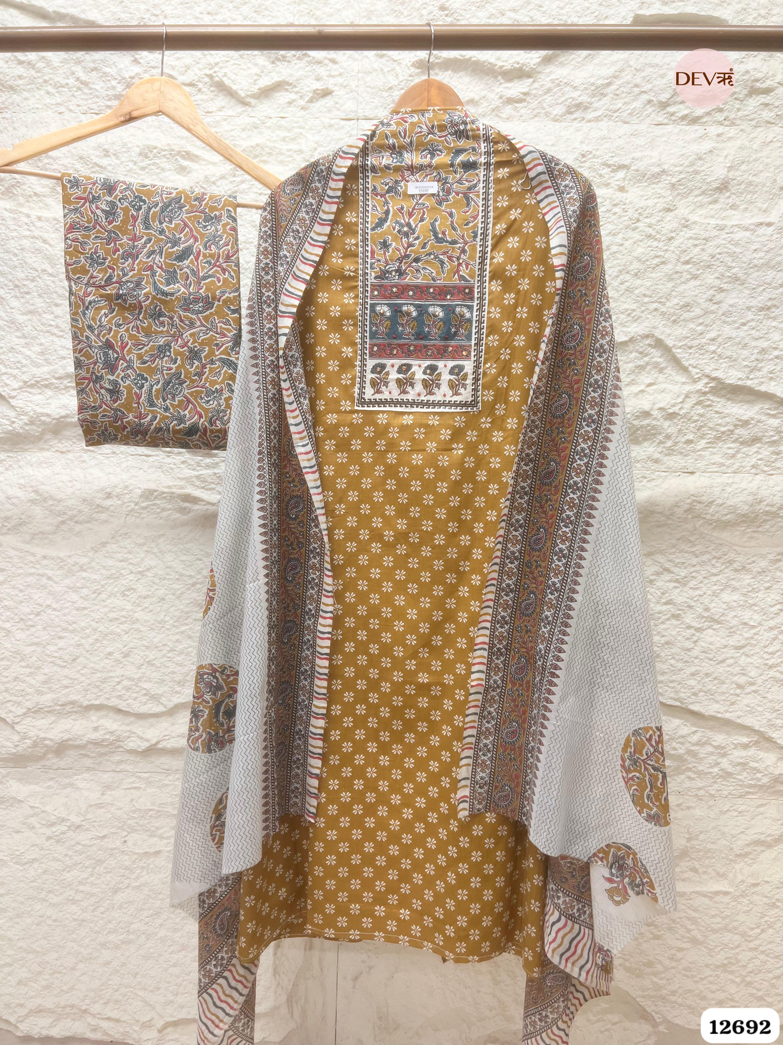 Mustard Cotton Printed Unstitched 3-Piece Suit (Devri – D.No 12692)