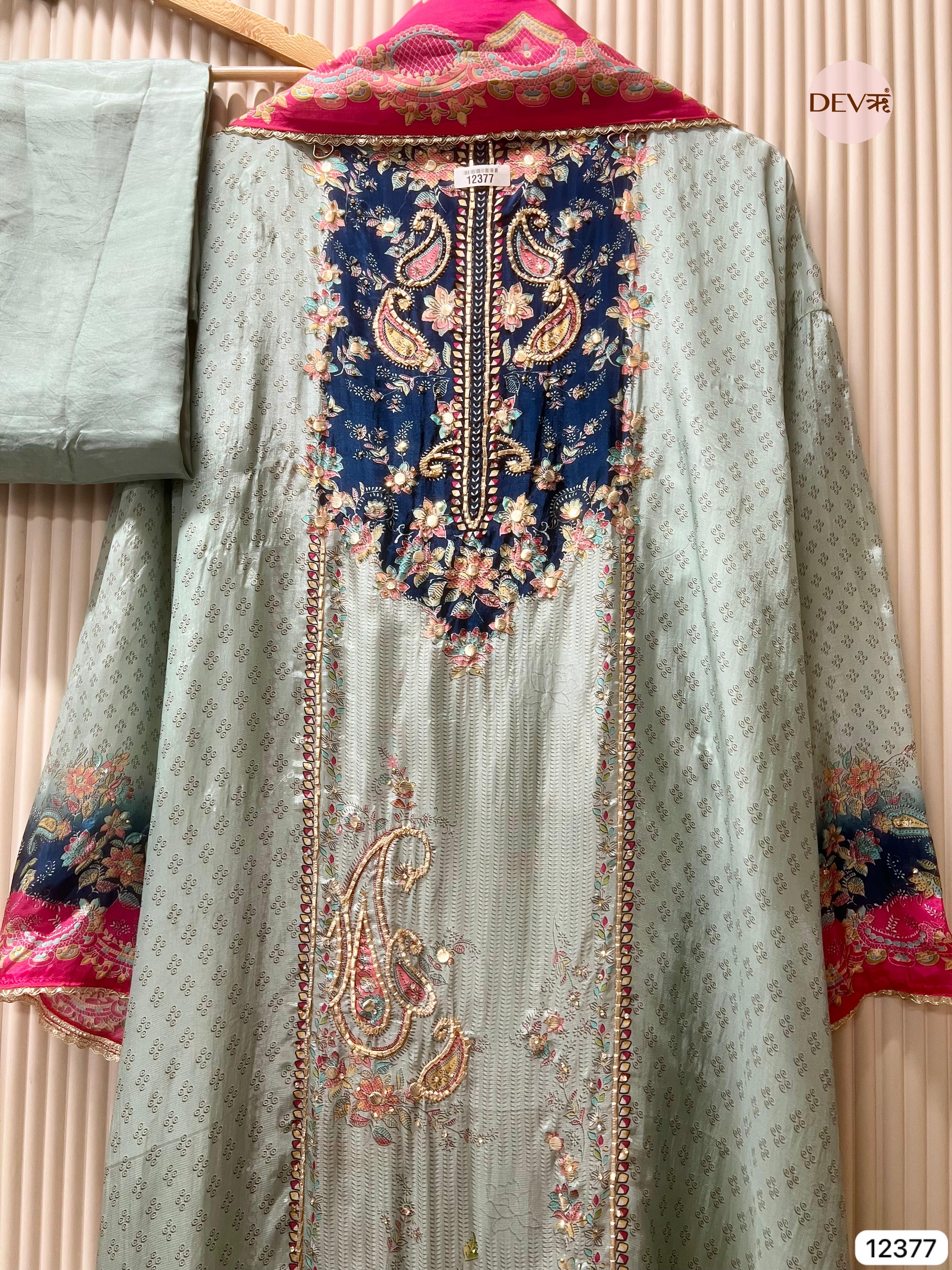 Teal and Navy Muslin Printed Unstitched 3-Piece Suit (Devri – D.No 12377)