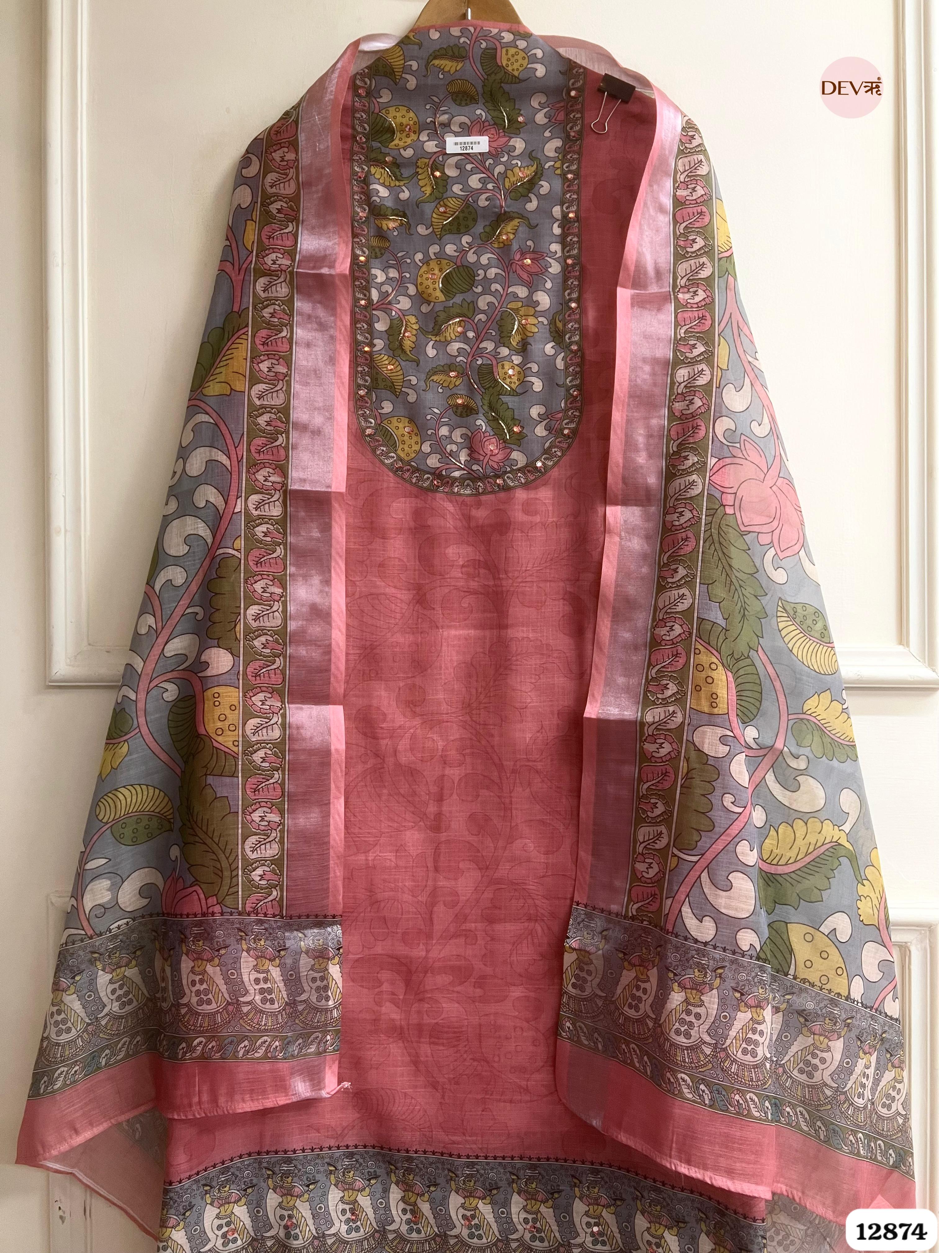 Pink Linen Cotton Printed Unstitched 3-Piece Suit (Devri – D.No 12874)