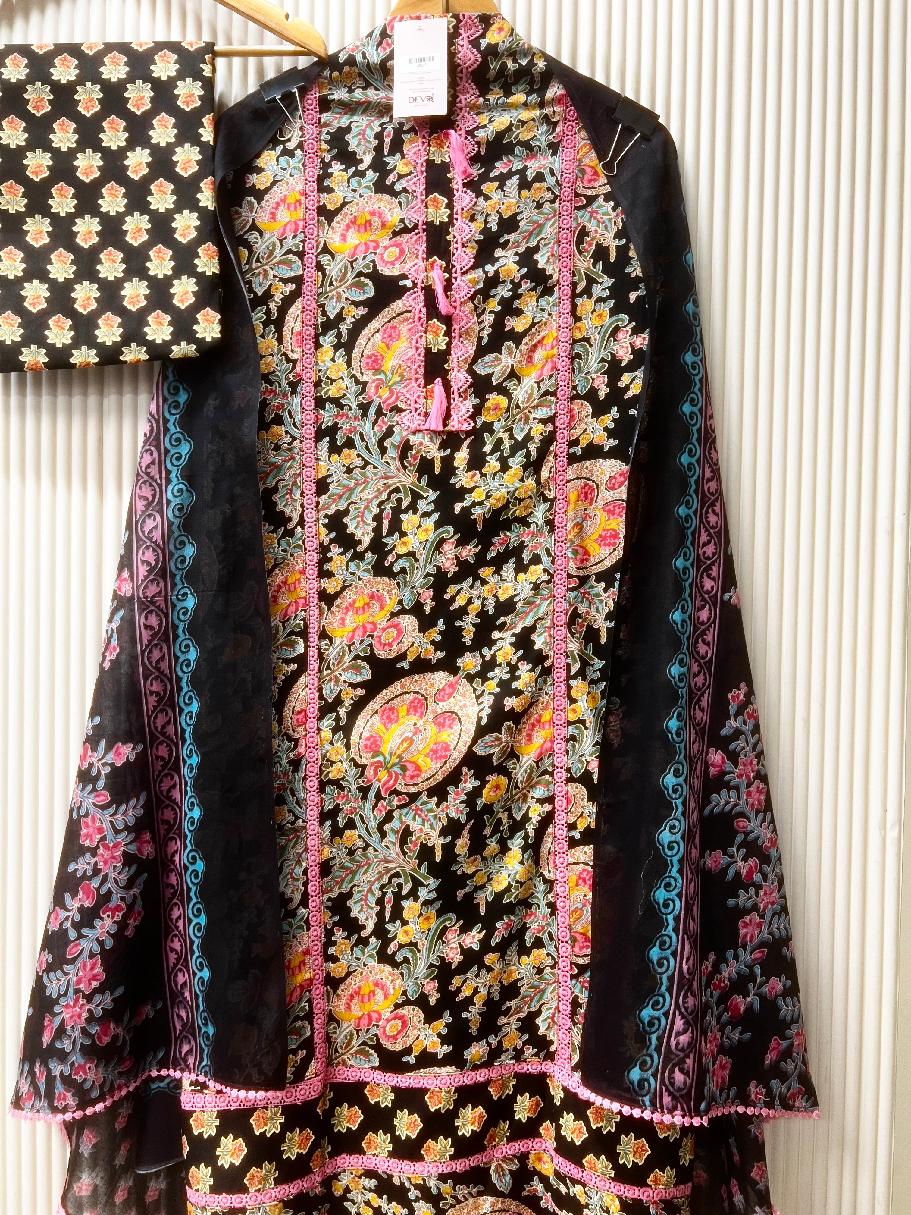 Black Cotton Floral Printed Unstitched 3-Piece Suit (Devri – D.No 12637)
