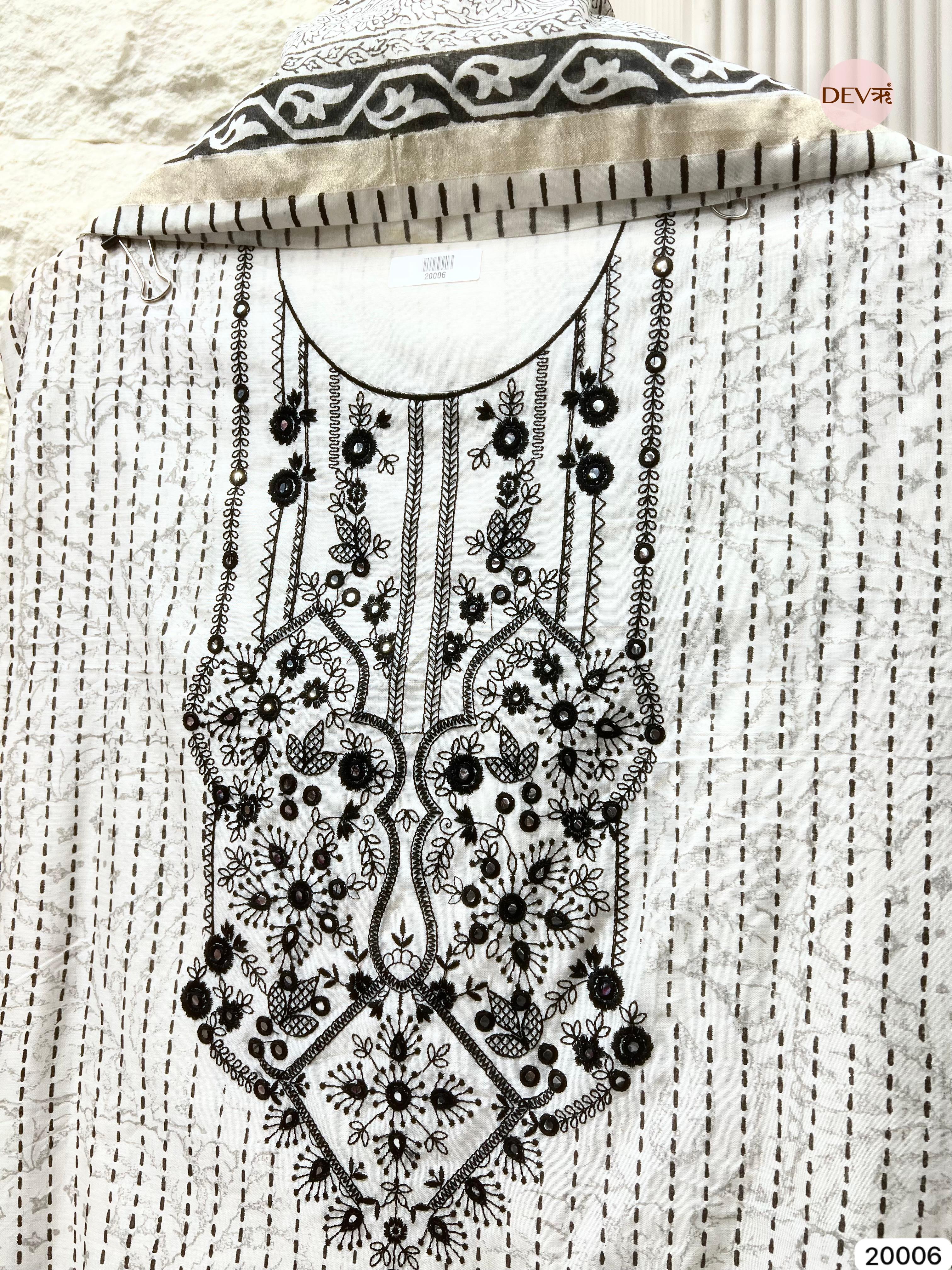 Black and White Pure Linen Cotton Embroidered Unstitched 3-Piece Suit (Devri – D.No 20006)