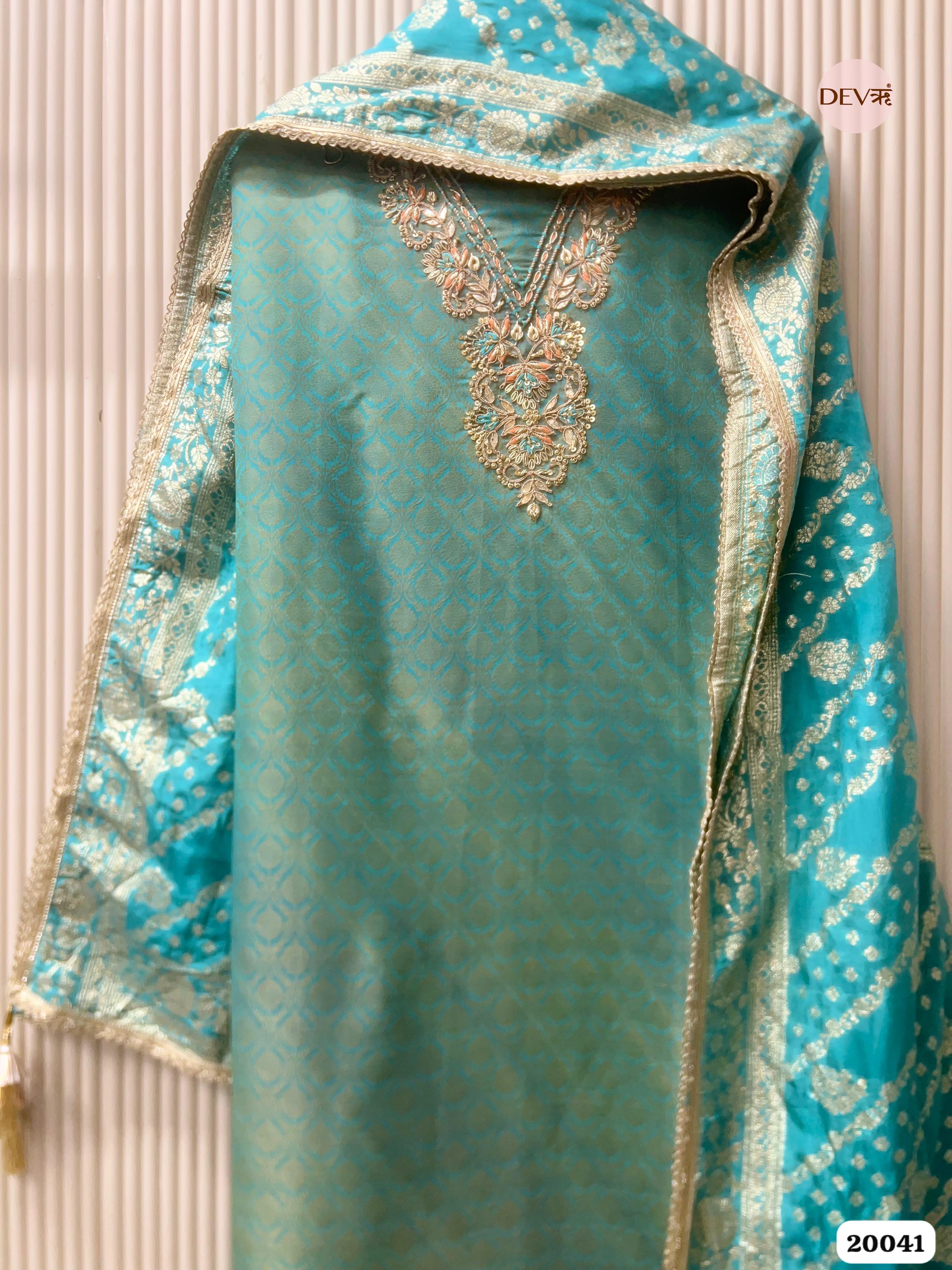 Aqua Teal Banarasi Tissue Embroidered Unstitched 3-Piece Suit (Devri – D.No. 20041 )
