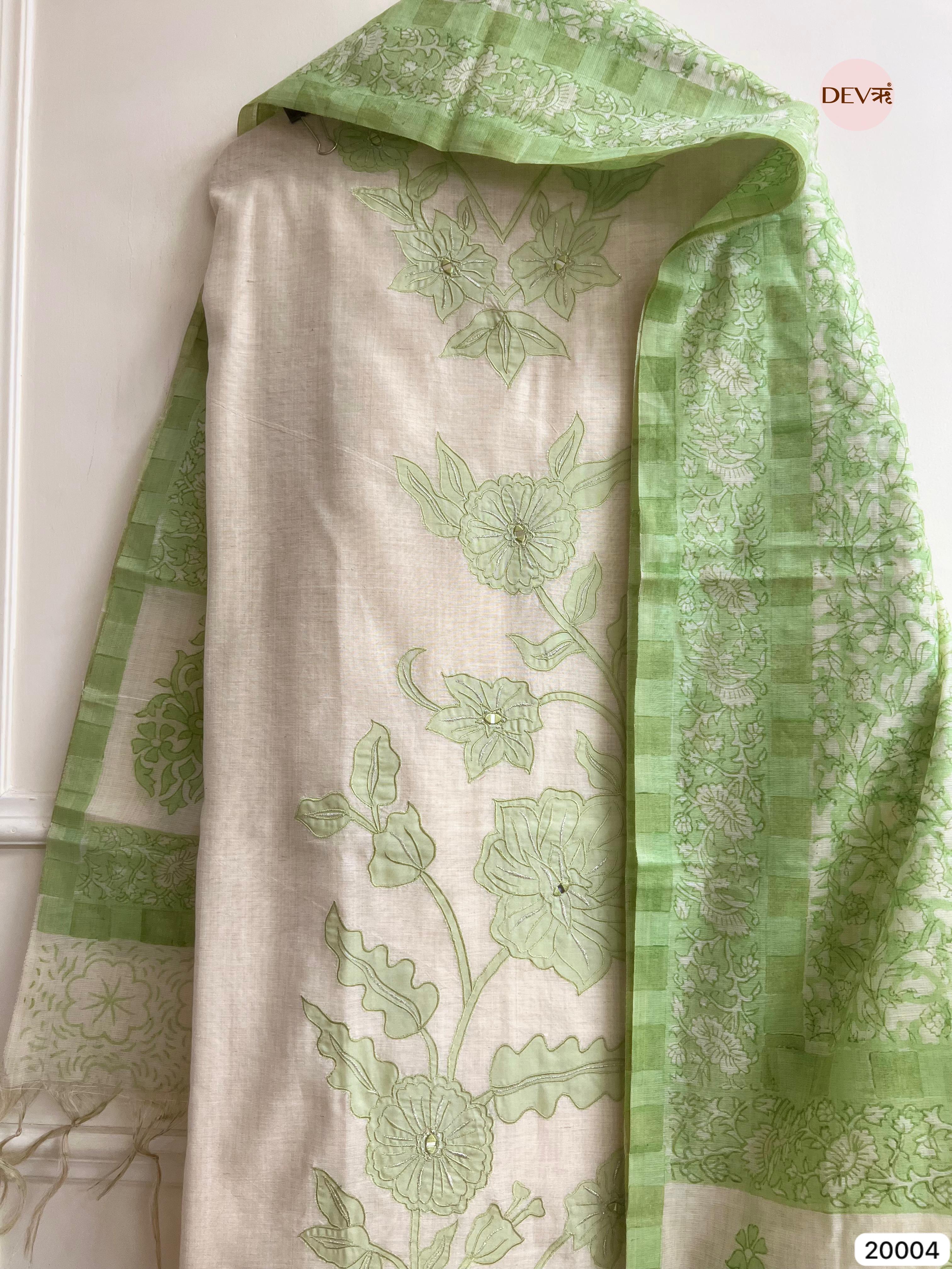 Green Pure Linen Cotton Embroidered Unstitched 3-Piece Suit (Devri – D.No 20004)