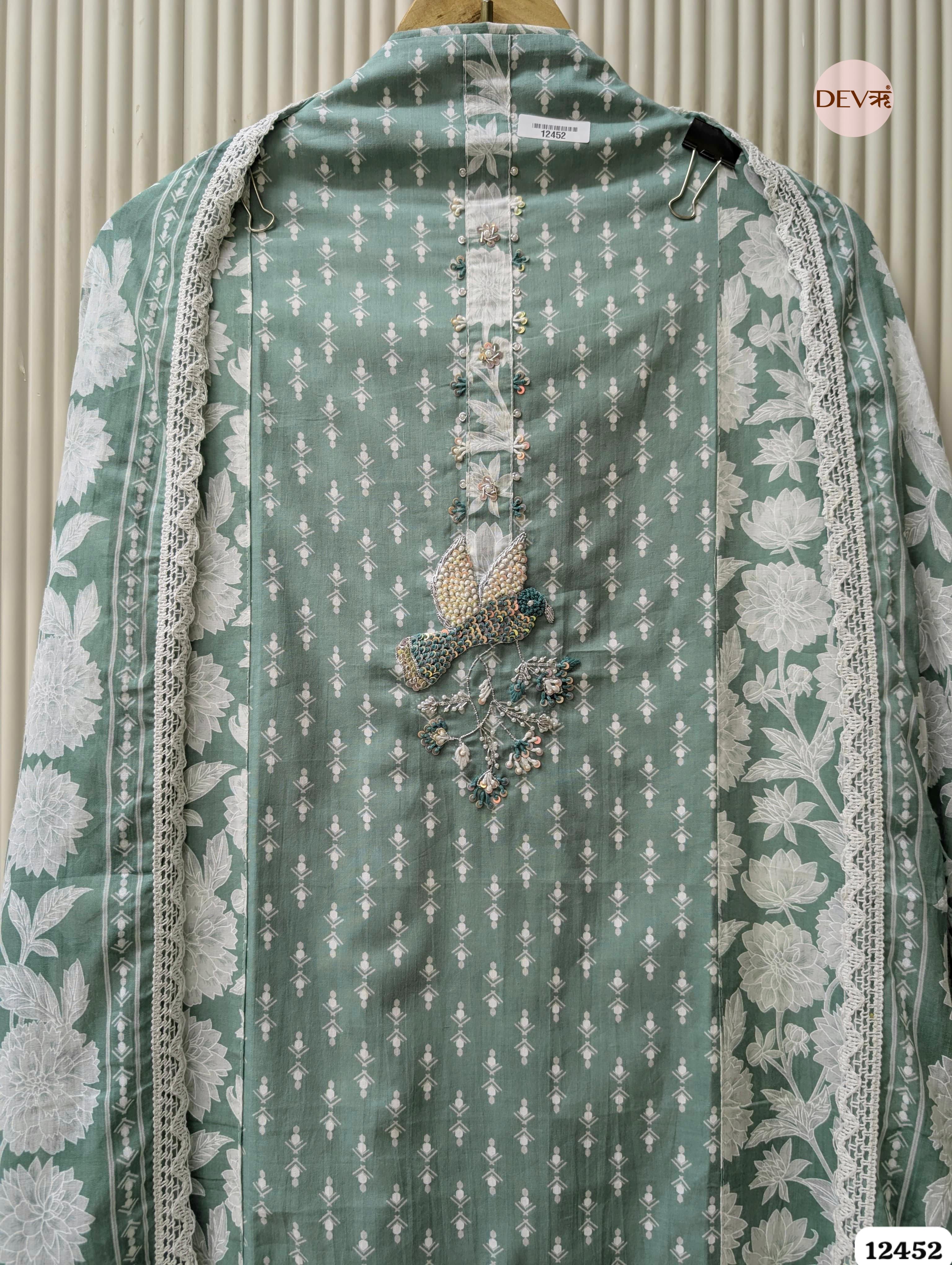Sage Green Pure Cotton Printed & Embroidered Unstitched 3-Piece Suit (Devri – D.No 12452)