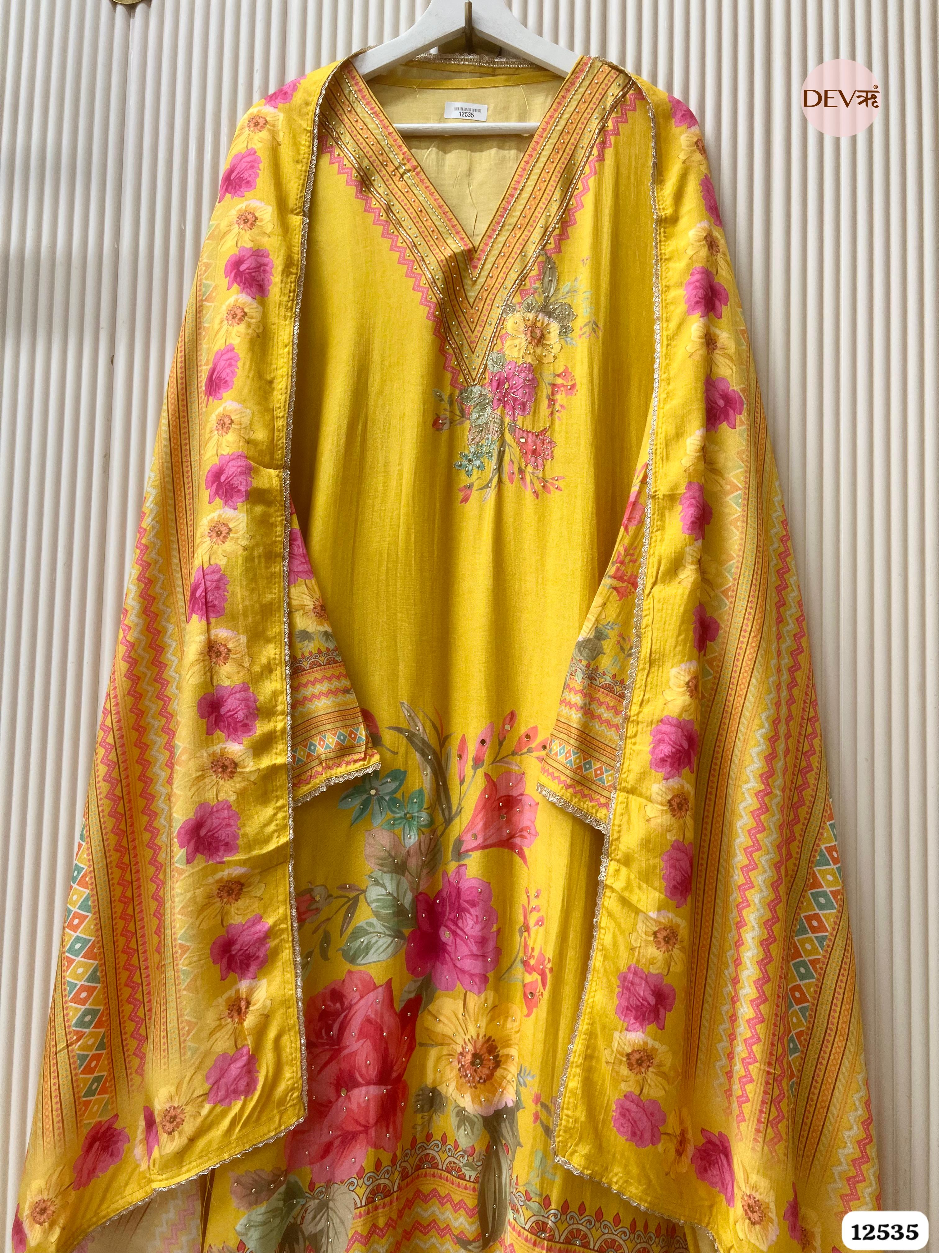 Yellow Muslin Printed Unstitched 3-Piece Suit (Devri – D.No. 12535)
