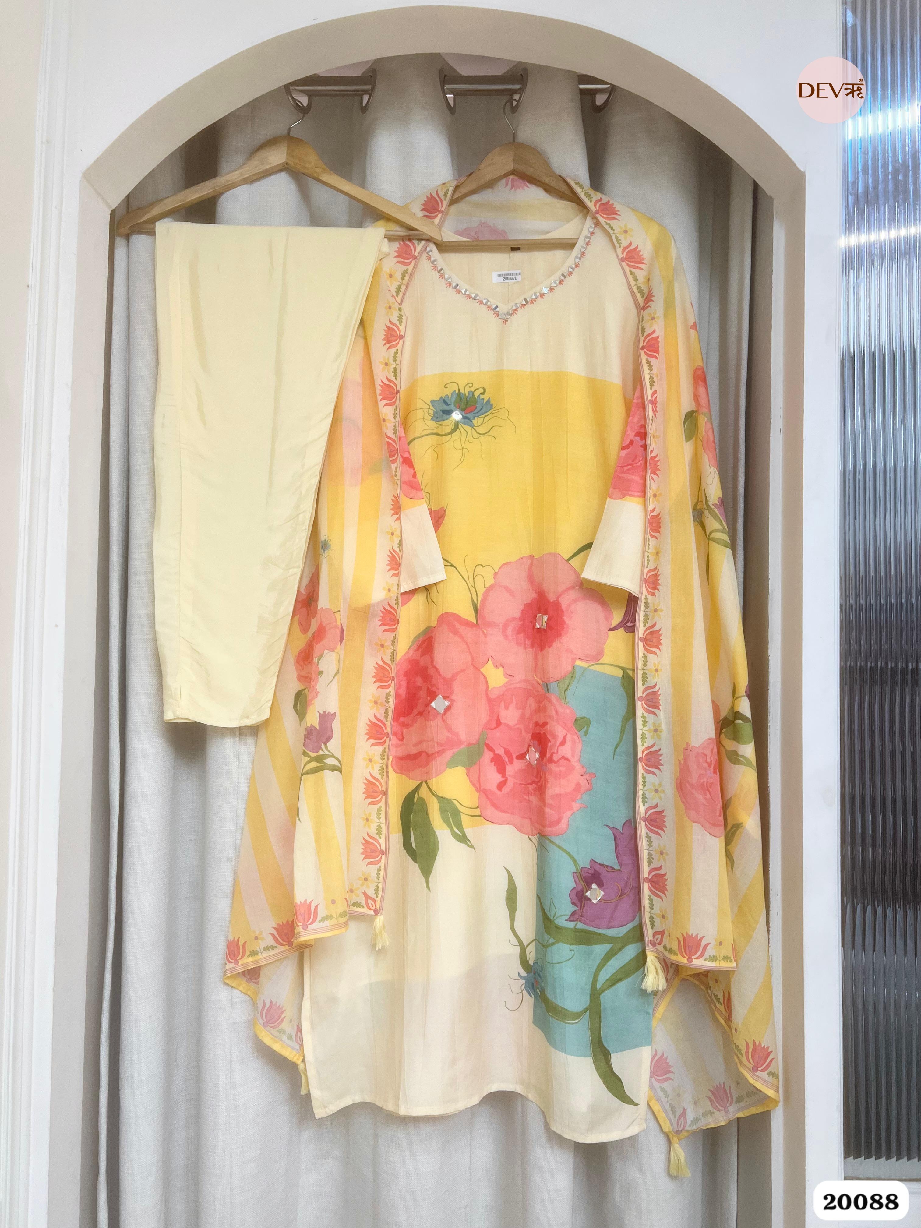 Saanvi Pure Cotton Printed Yellow & Teal 3-Piece Set (Devri – D.No 20088)