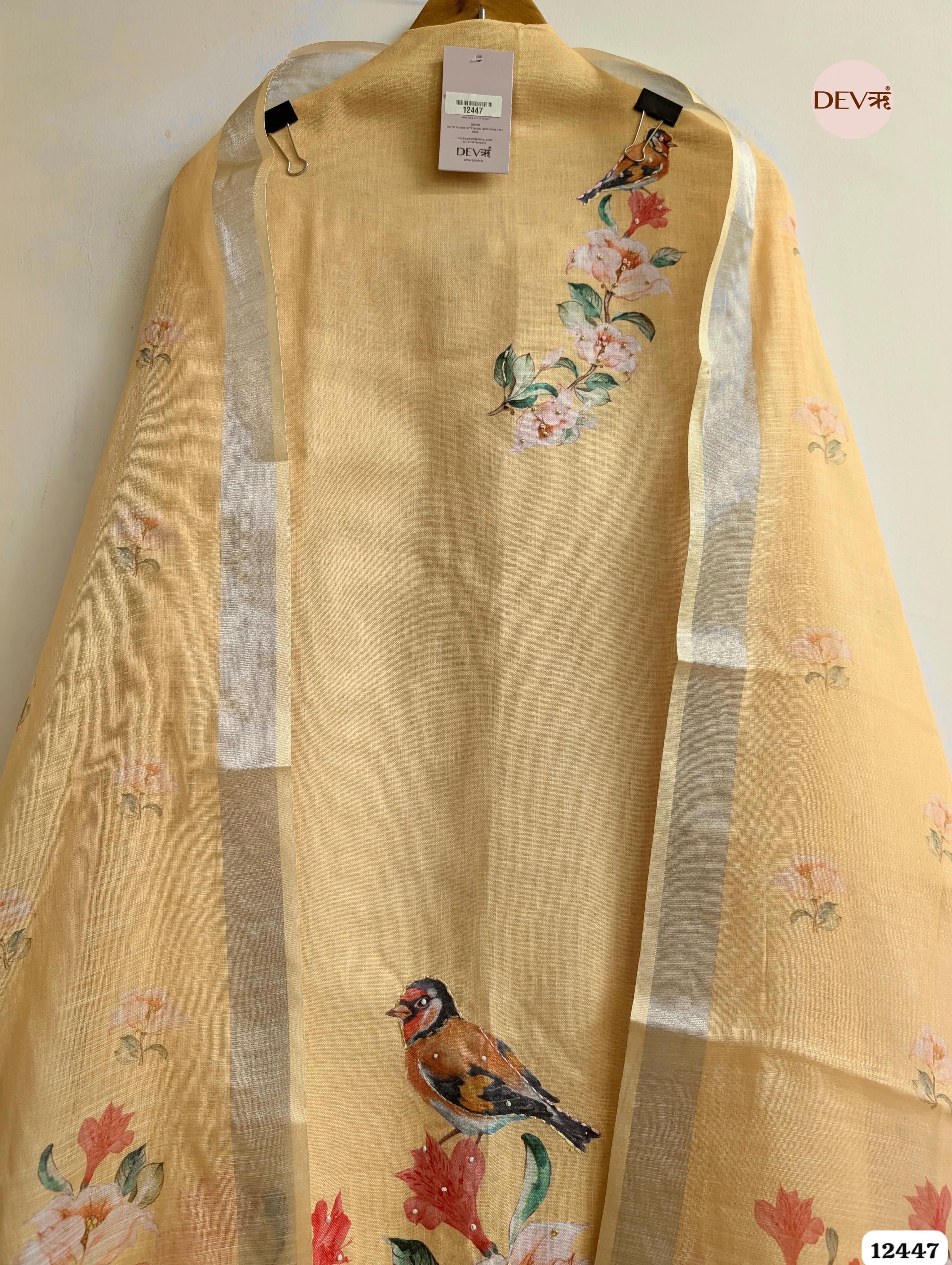 Yellow Linen Cotton Printed Unstitched 3-Piece Suit (Devri – D.No 12447)