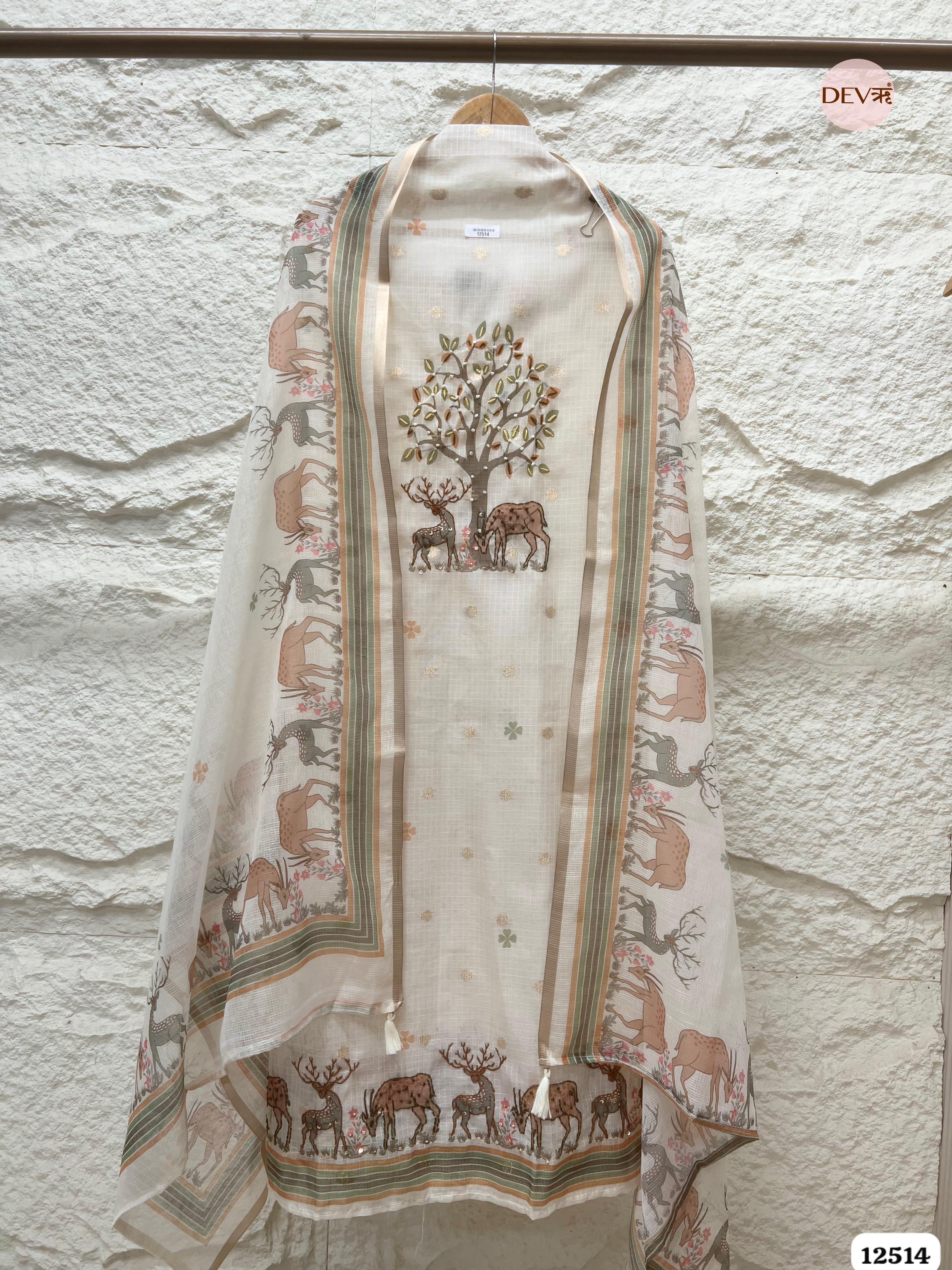 Cream Kota Silk Embroidered Unstitched 3-Piece Suit (Devri – D.No 12514)