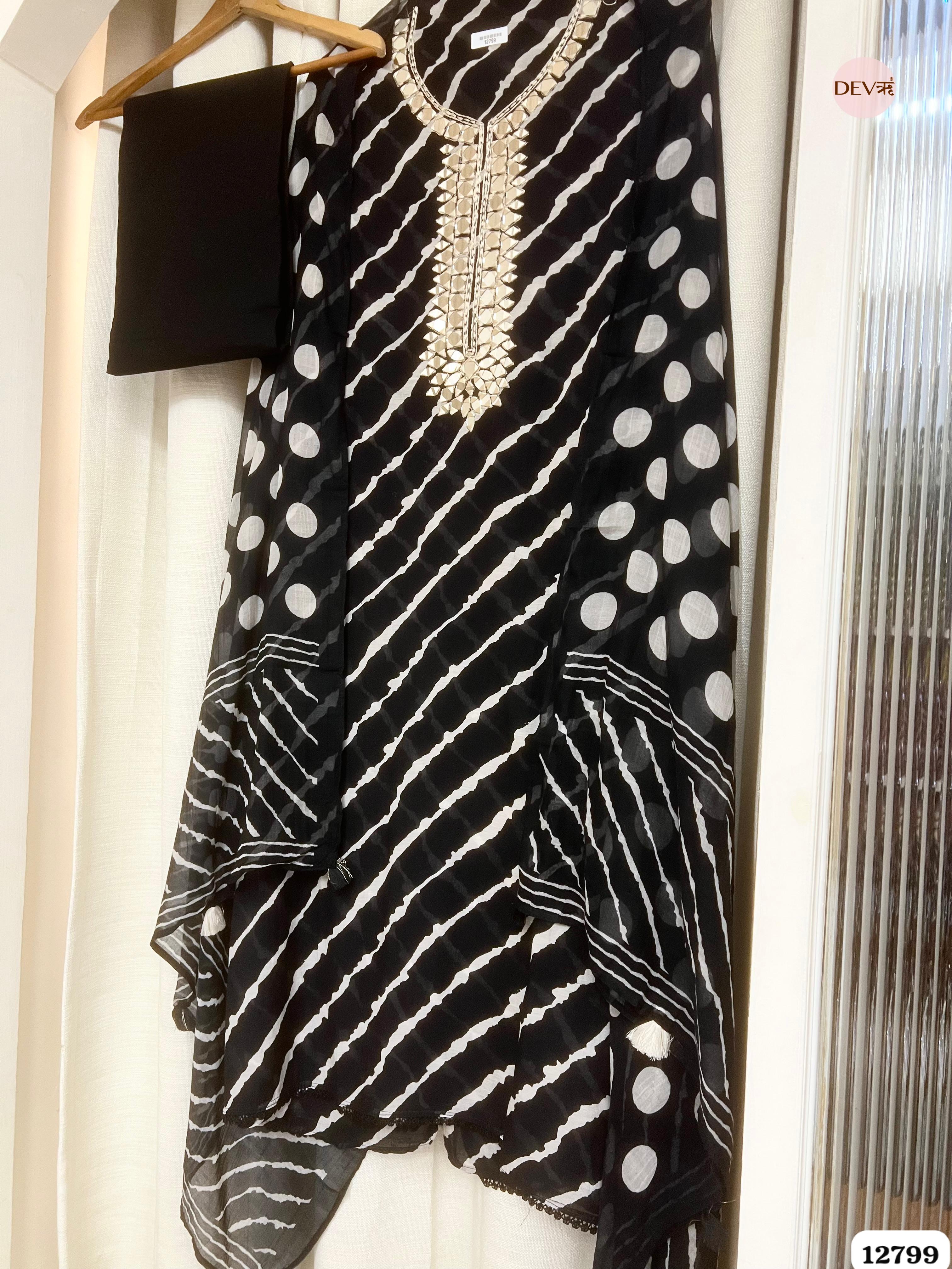 Black Mul Chanderi Printed Unstitched 3-Piece Suit (Devri – D.No 12799)