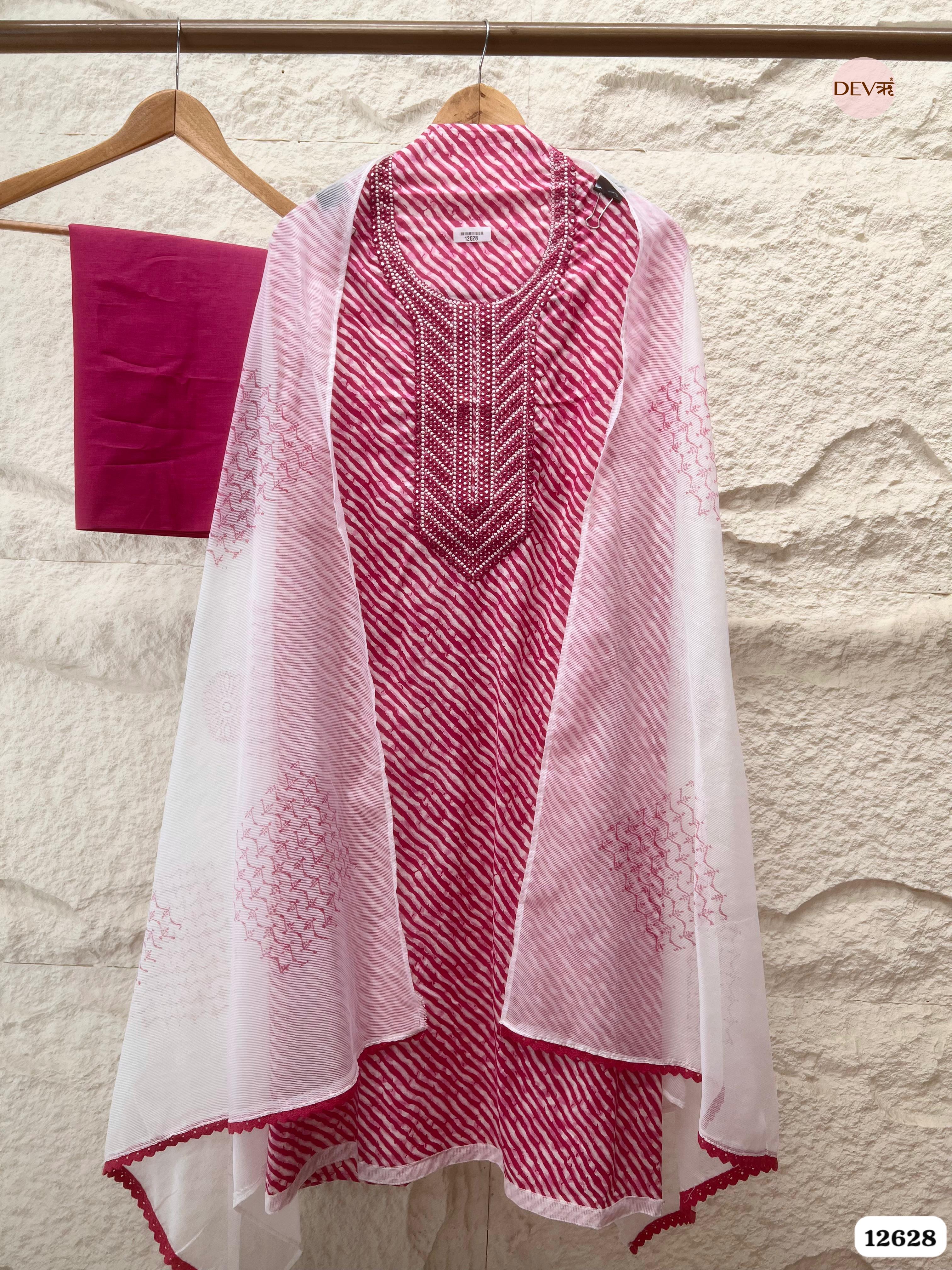 Magenta Pink Cotton Printed & Embroidered Unstitched 3-Piece Suit (Devri – D.No. 12628)