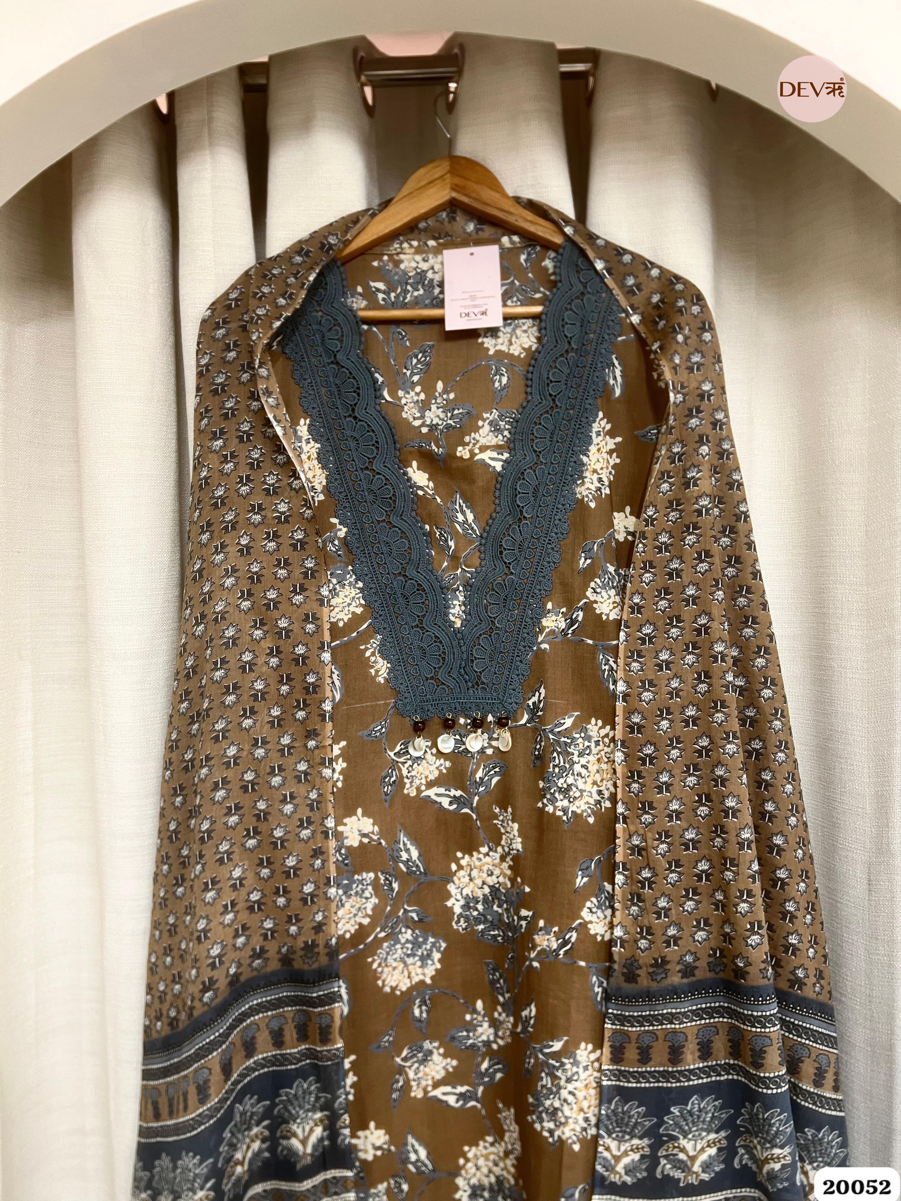 Olive Brown Pure Cotton Printed Unstitched 3-Piece Suit (Devri – D.No. 20052)