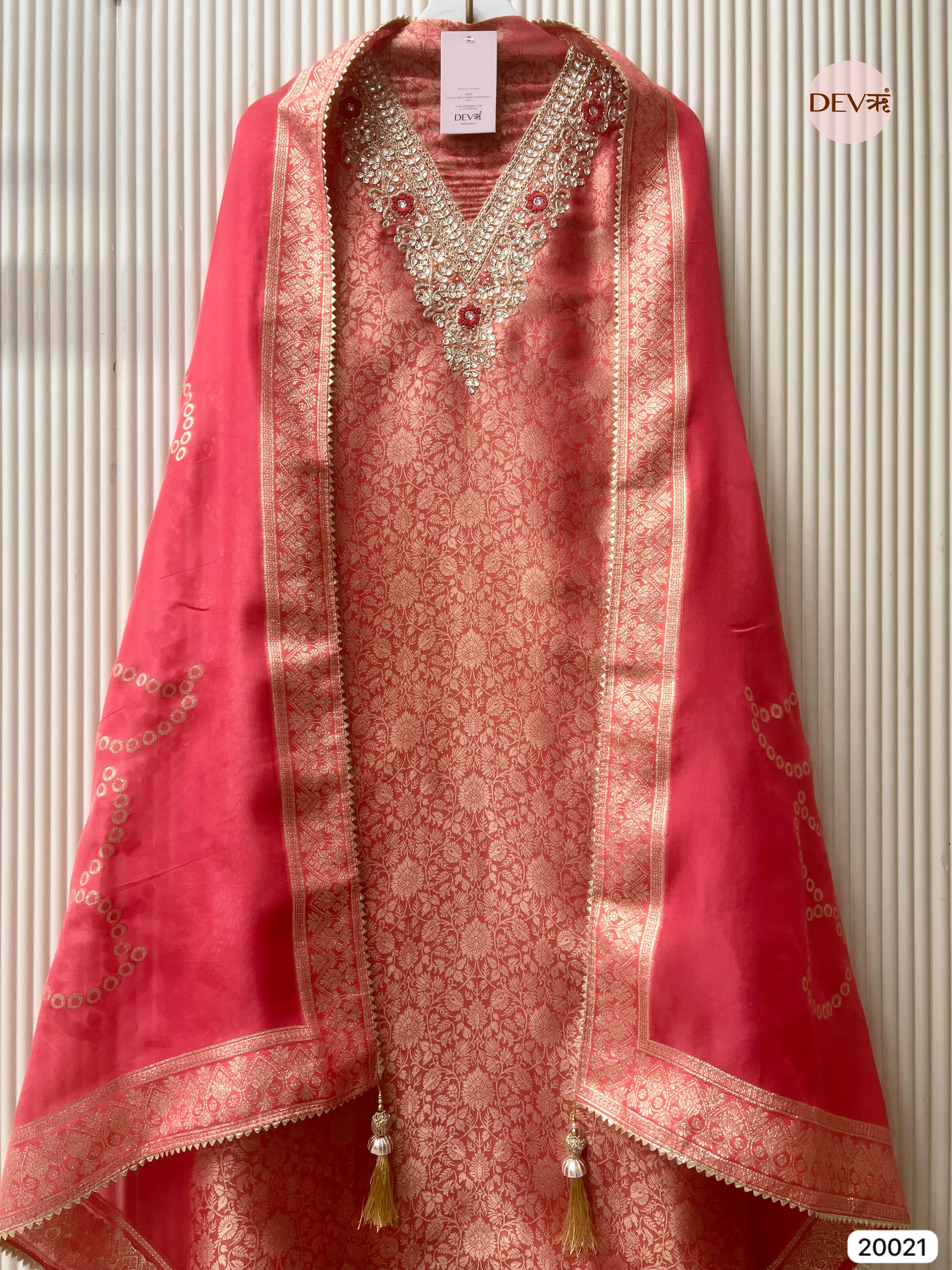 Coral Pink Tissue Jacquard Embroidered Unstitched 3-Piece Suit (Devri – D.No 20021)