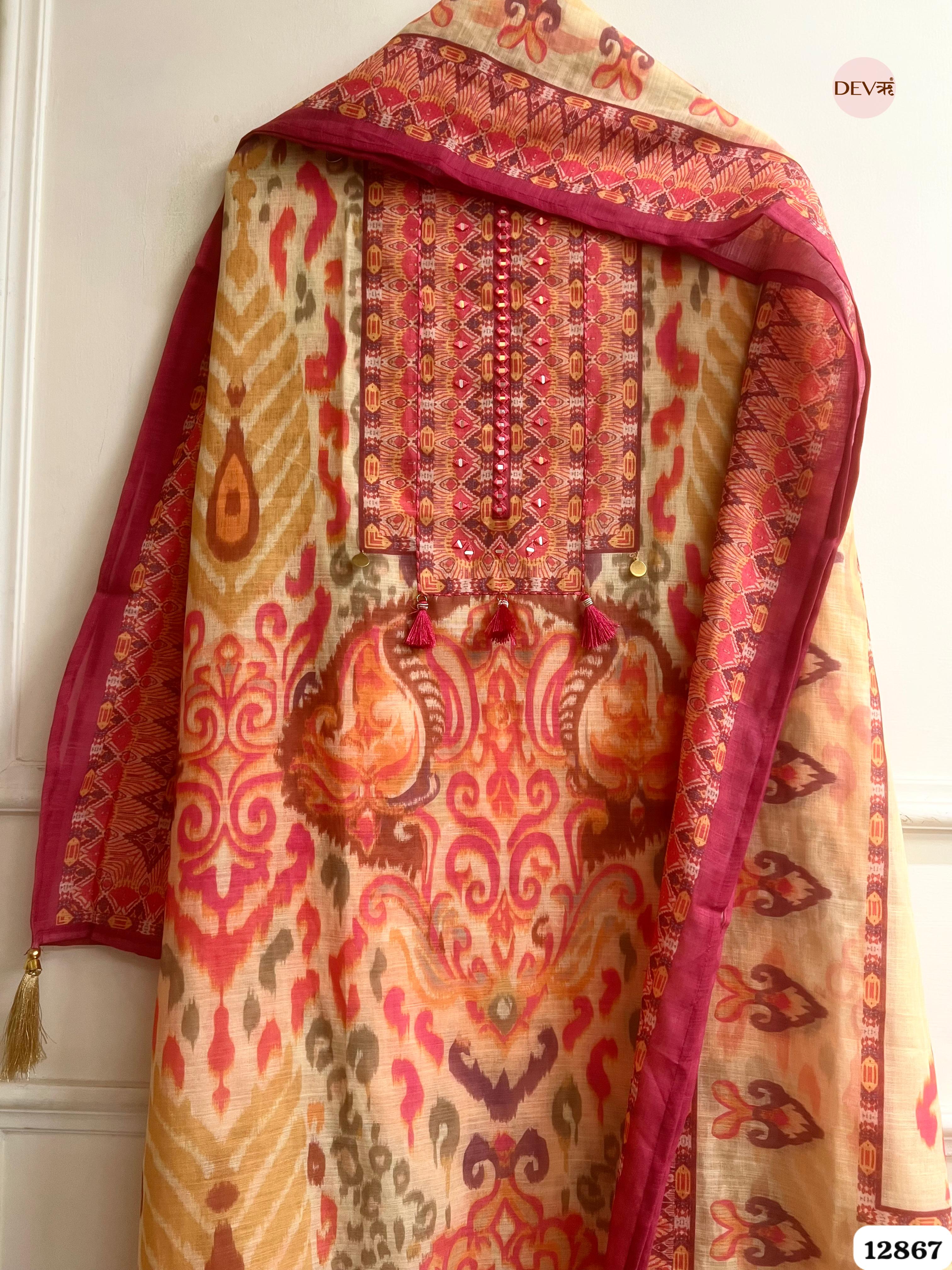 Pink Linen Cotton Printed Unstitched 3-Piece Suit (Devri – D.No 12867)