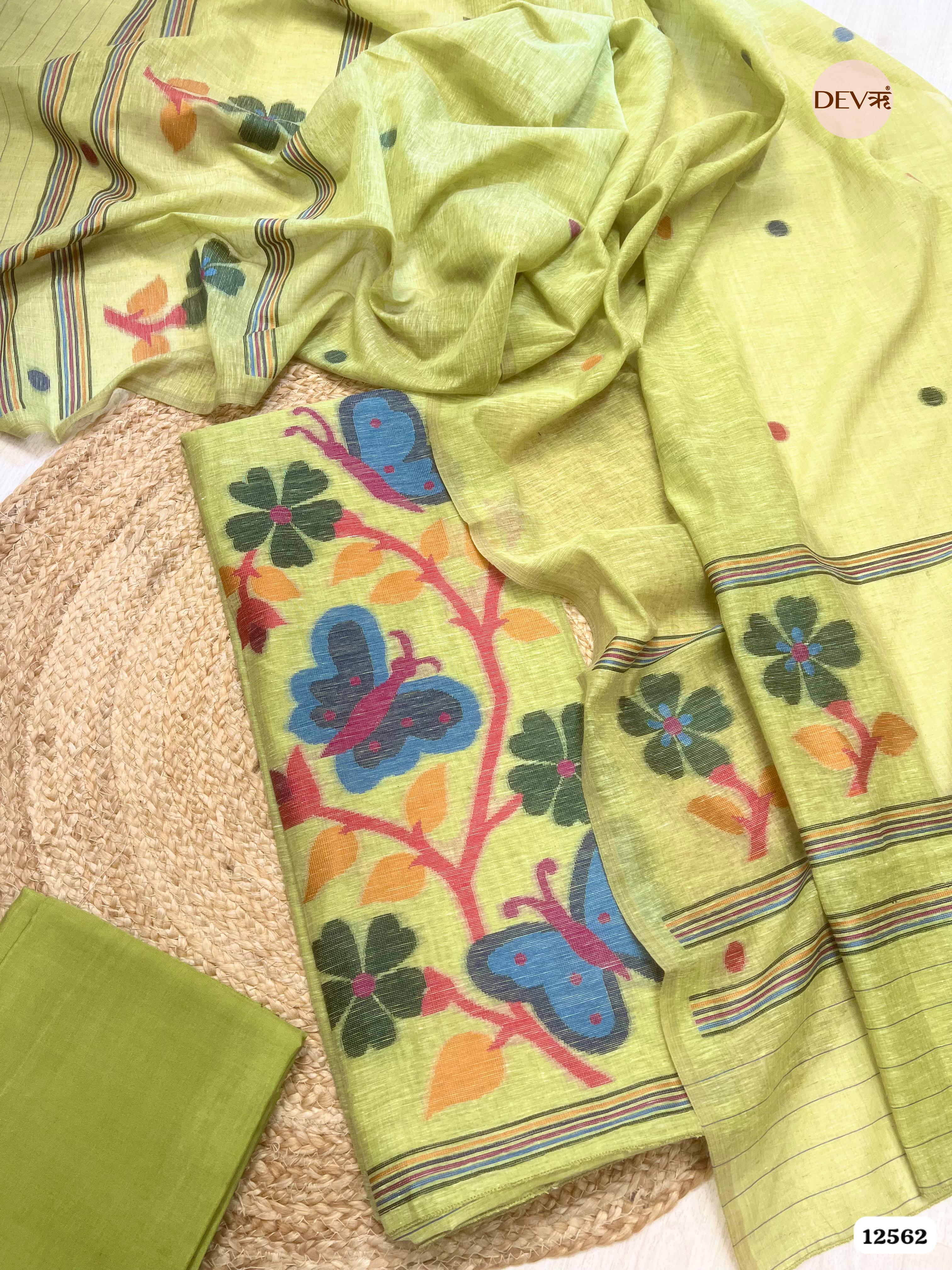 Green Linen Printed Unstitched 3-Piece Suit (Devri – D.No 12562)