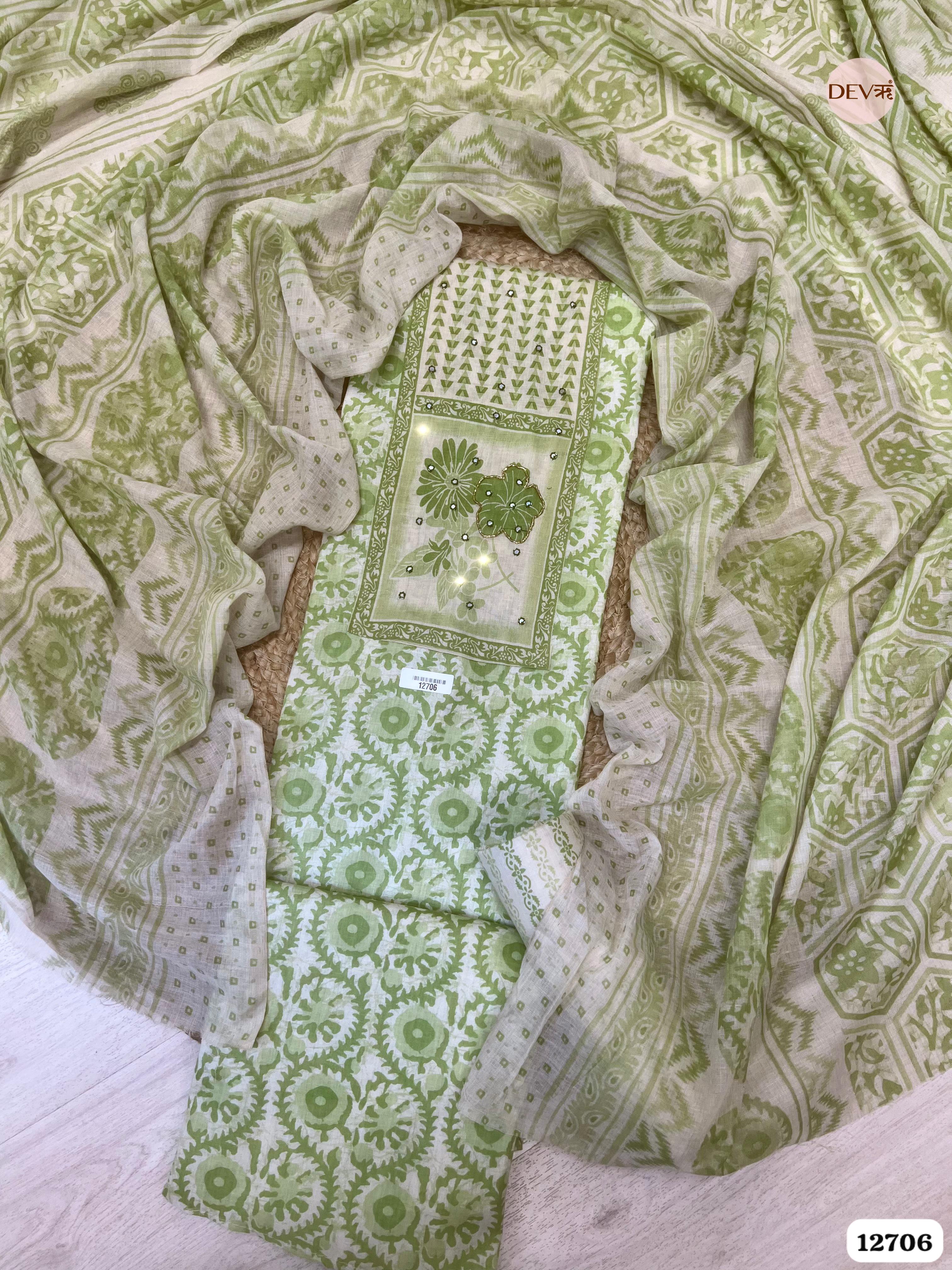 Pista Green Cotton Printed Unstitched 3-Piece Suit (Devri – D.No 12706)