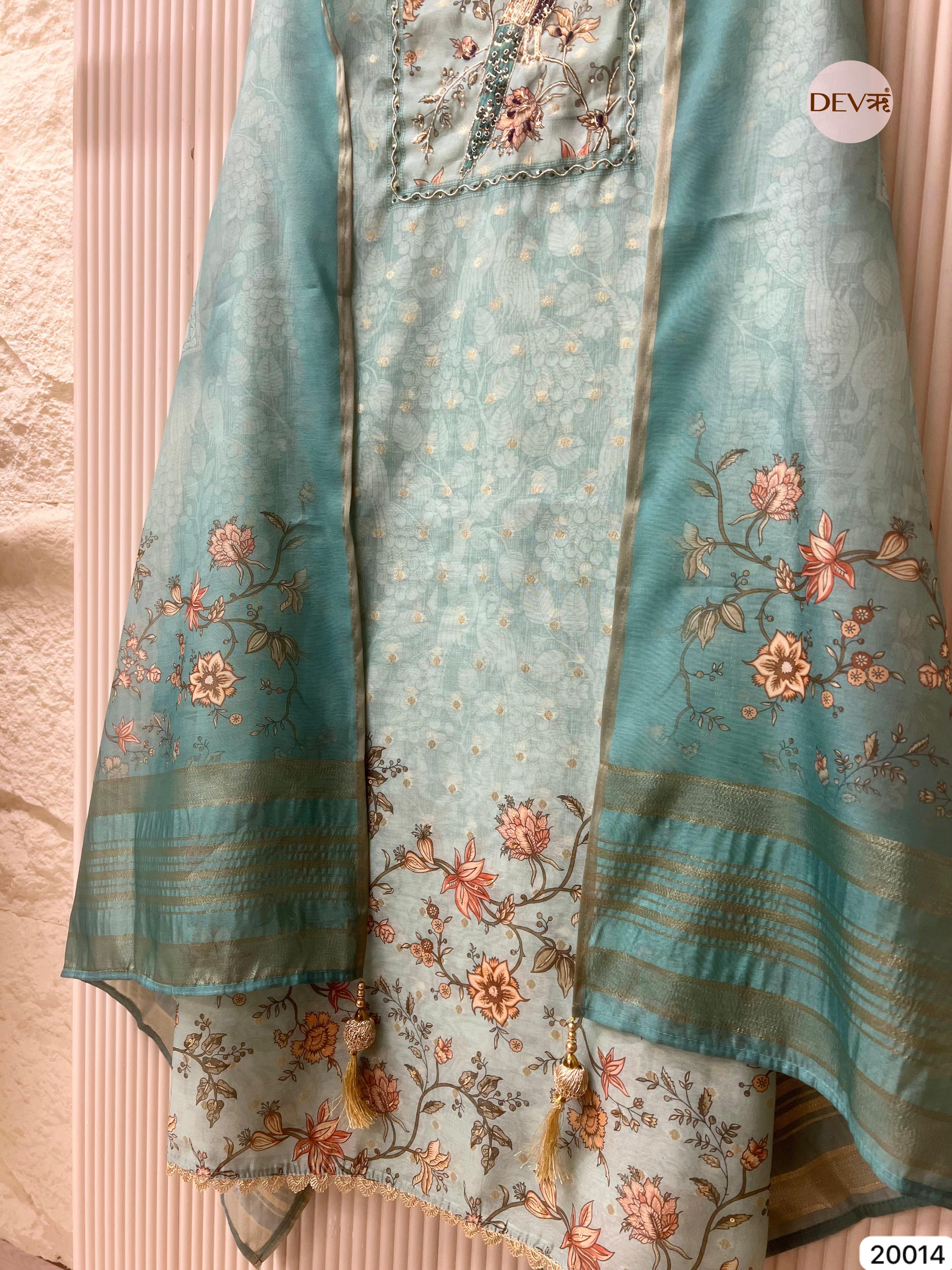 Sea Green Pure Chanderi Hand Embroidered Unstitched 3-Piece Suit (Devri – D.No 20014)