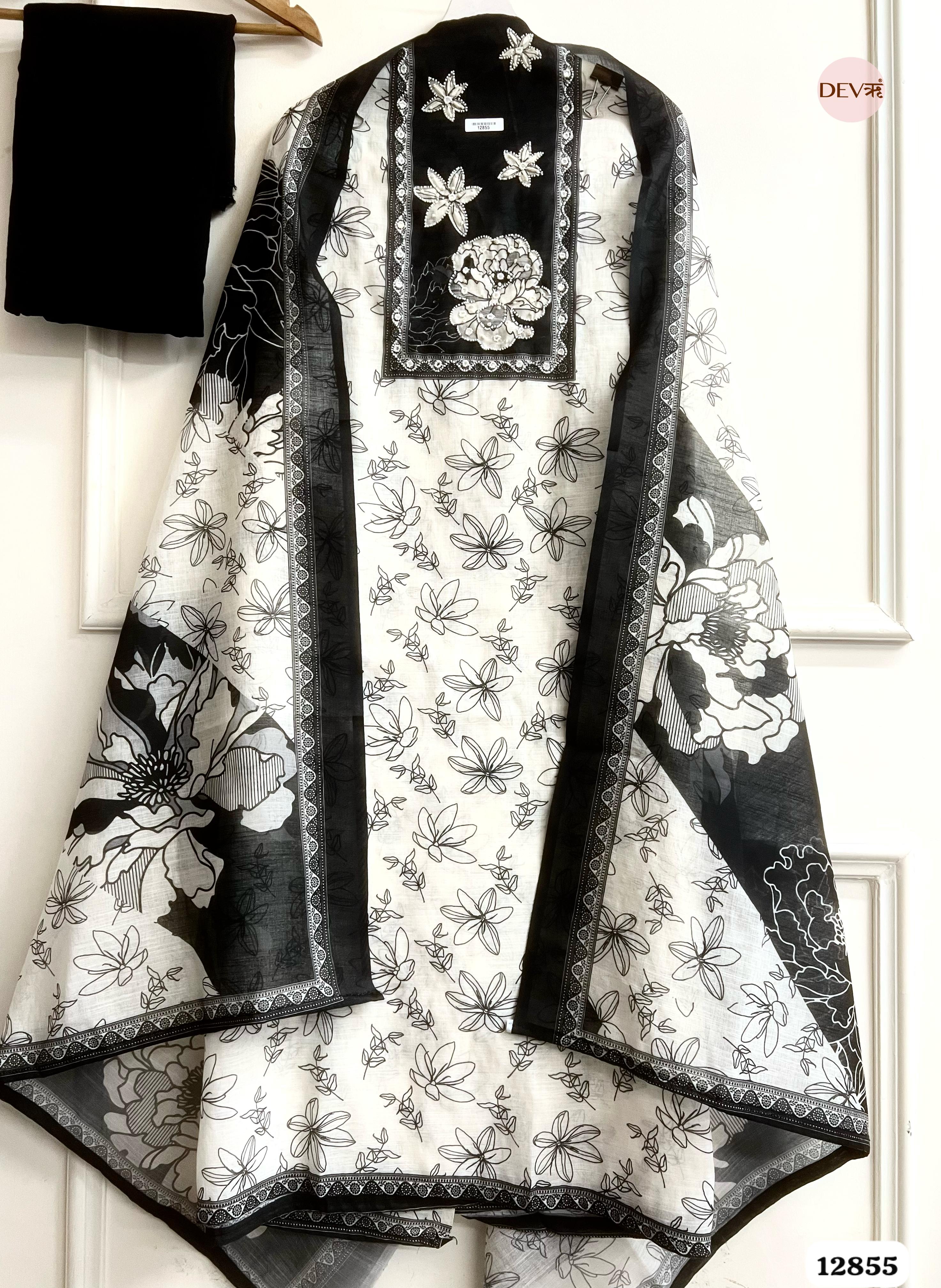 White Linen Cotton Printed Unstitched 3-Piece Suit (Devri – D.No 12855)