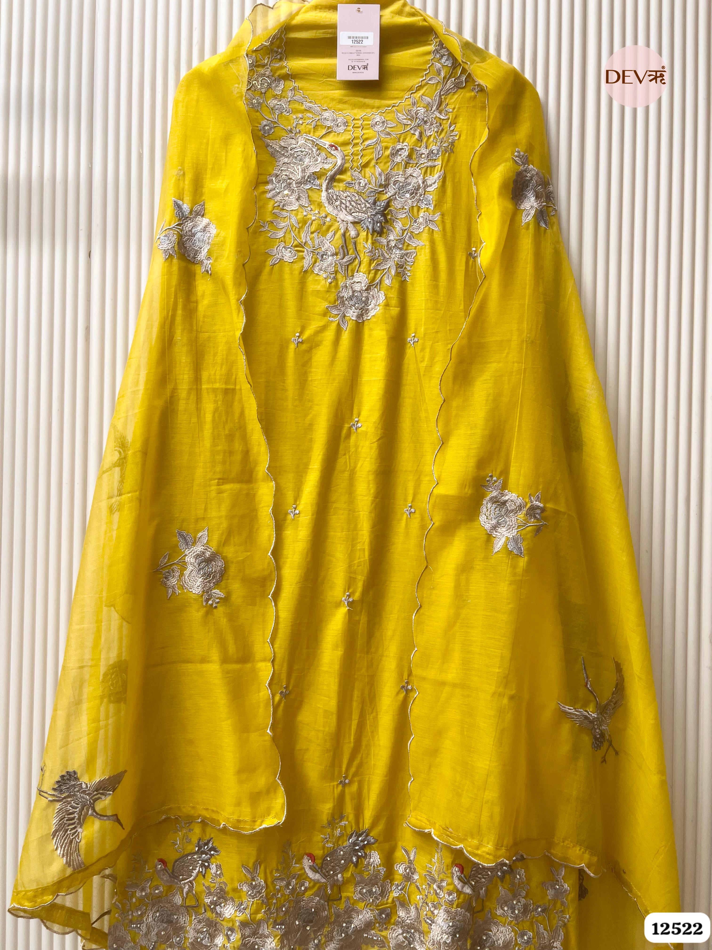 Yellow Pure Mul Chanderi Embroidered Unstitched 3-Piece Suit (Devri – D.No 12522)