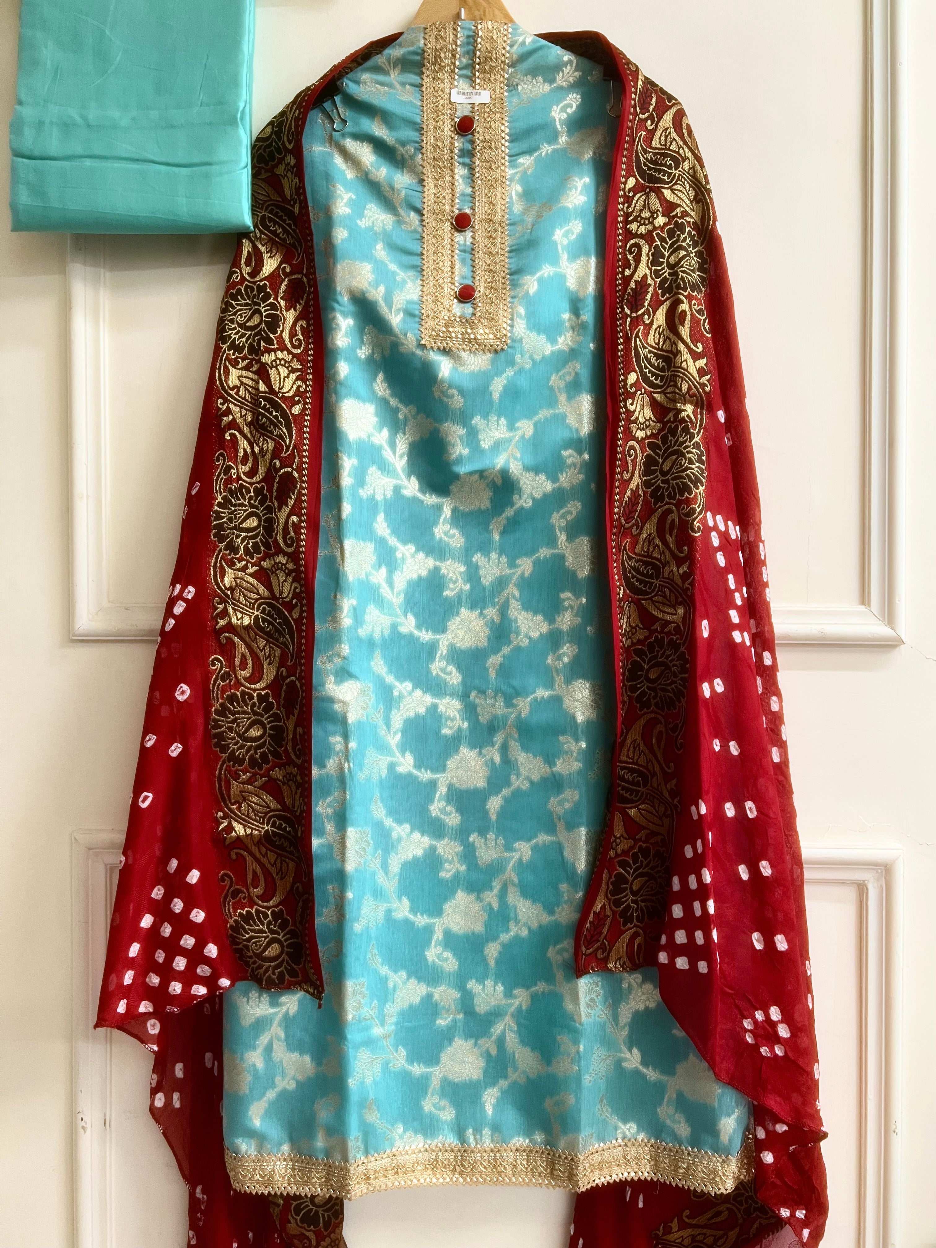 Turquoise Silk Blend Printed Unstitched 3-Piece Suit (Devri – D.No 13397)