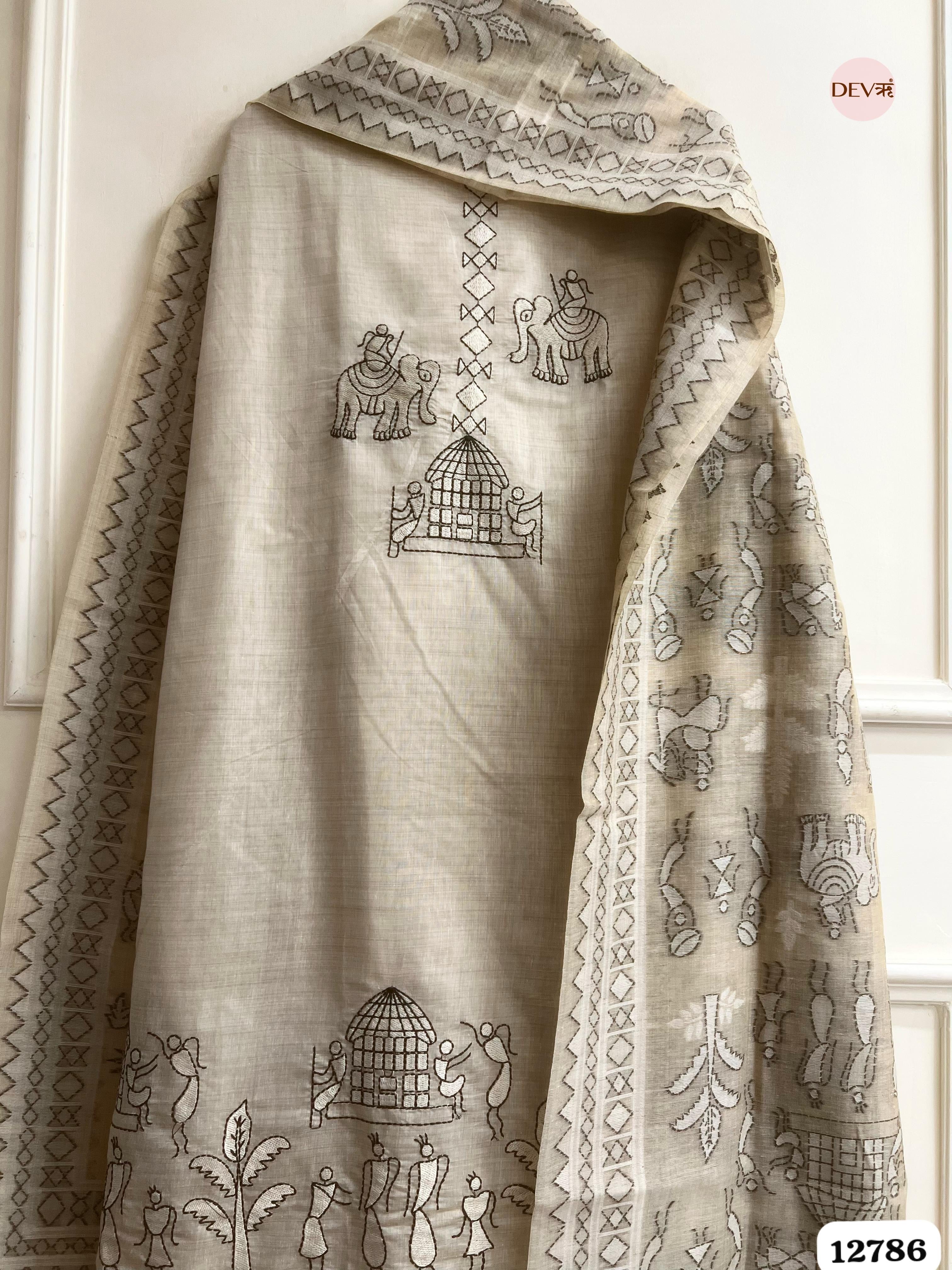 Beige Mul Chanderi Printed Unstitched 3-Piece Suit (Devri – D.No 12786)