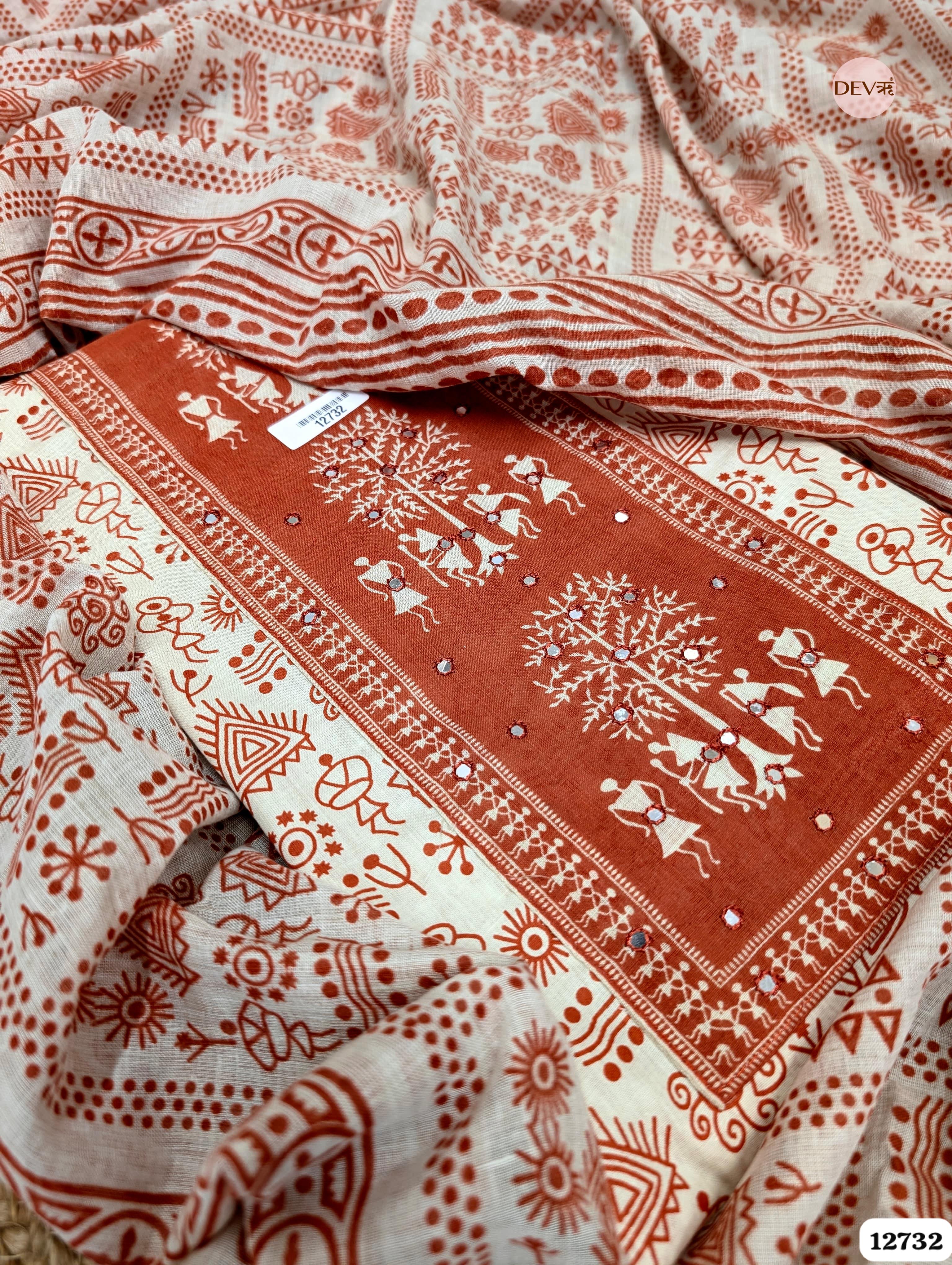 Rust and Ivory Cotton Printed Unstitched 3-Piece Suit (Devri – D.No 12732)