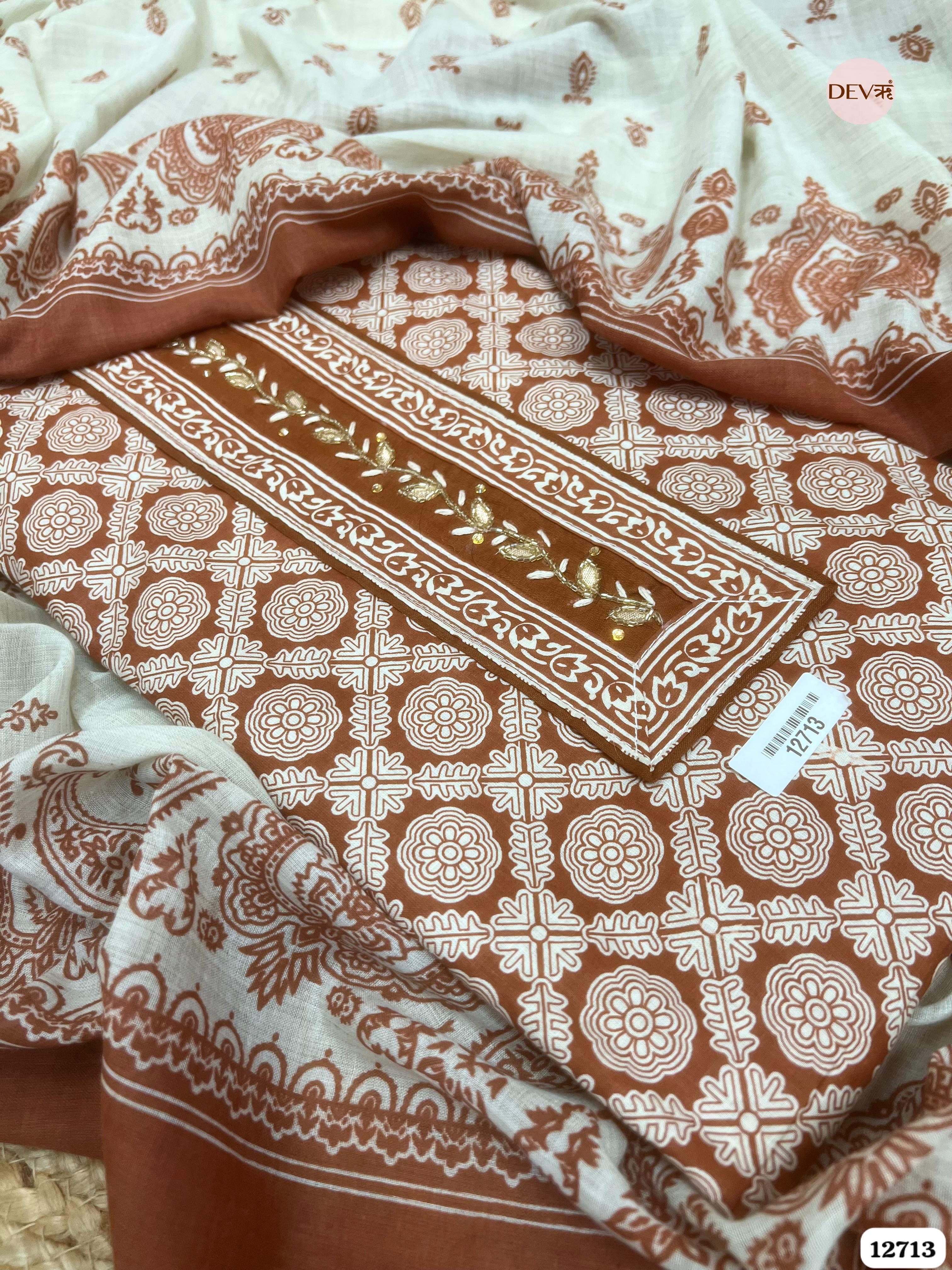 Rust Brown Cotton Printed Unstitched 3-Piece Suit (Devri – D.No 12713)