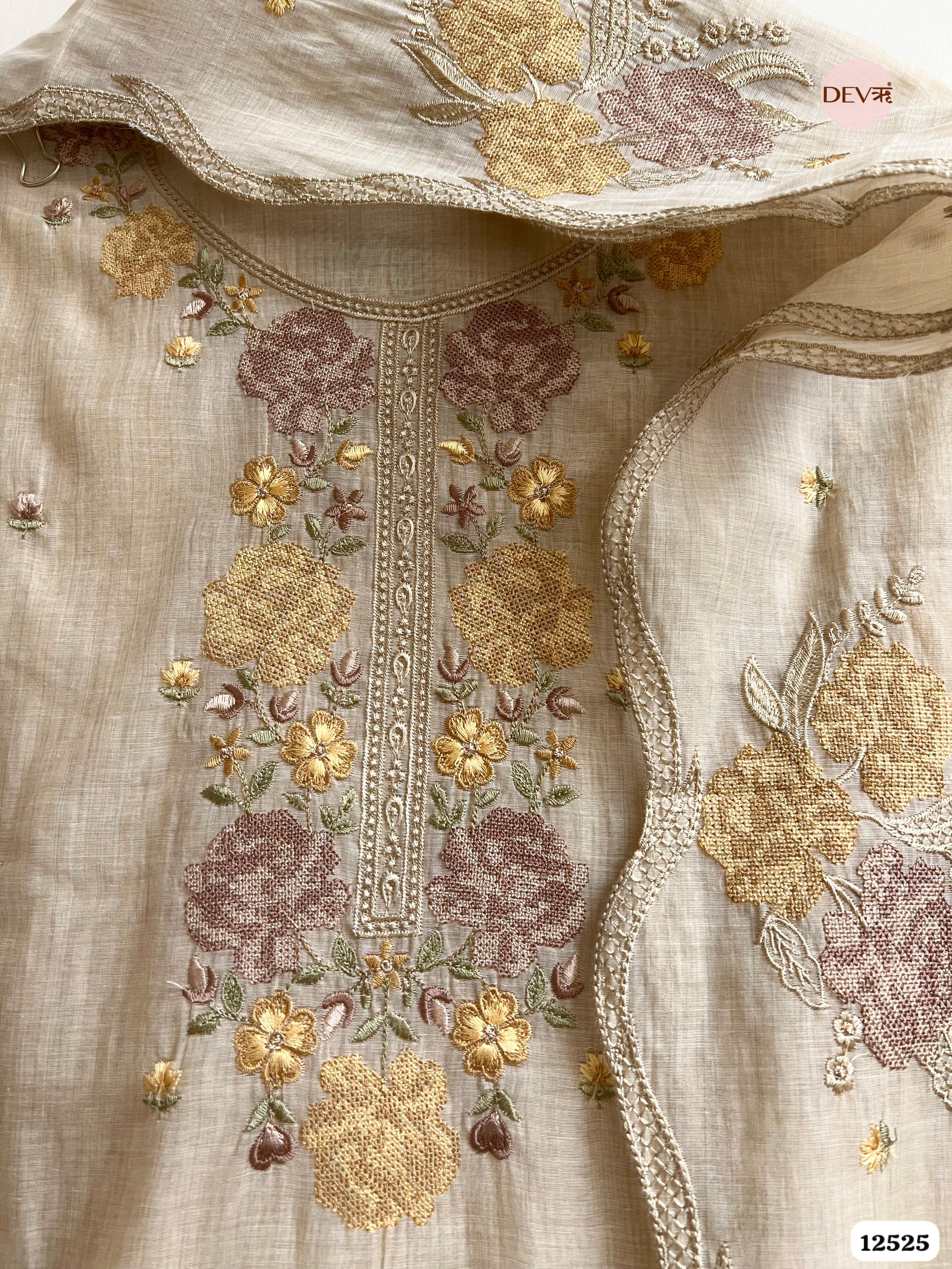baige Mul Chanderi Embroidered Unstitched 3-Piece Suit (Devri – D.No . 12525)
