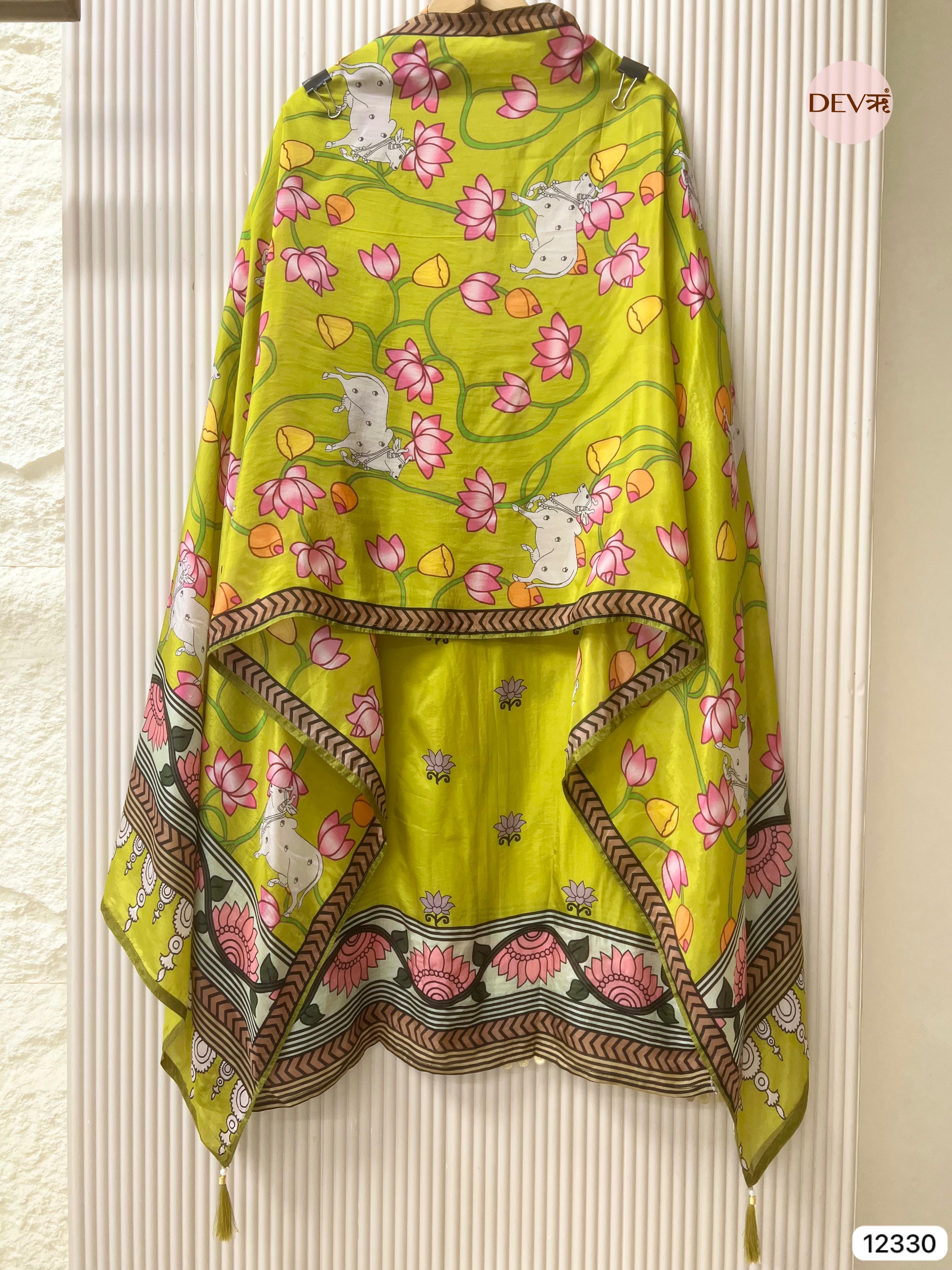 Lime Green Organza Silk Printed Unstitched 3-Piece Suit (Devri – D.No 12330)