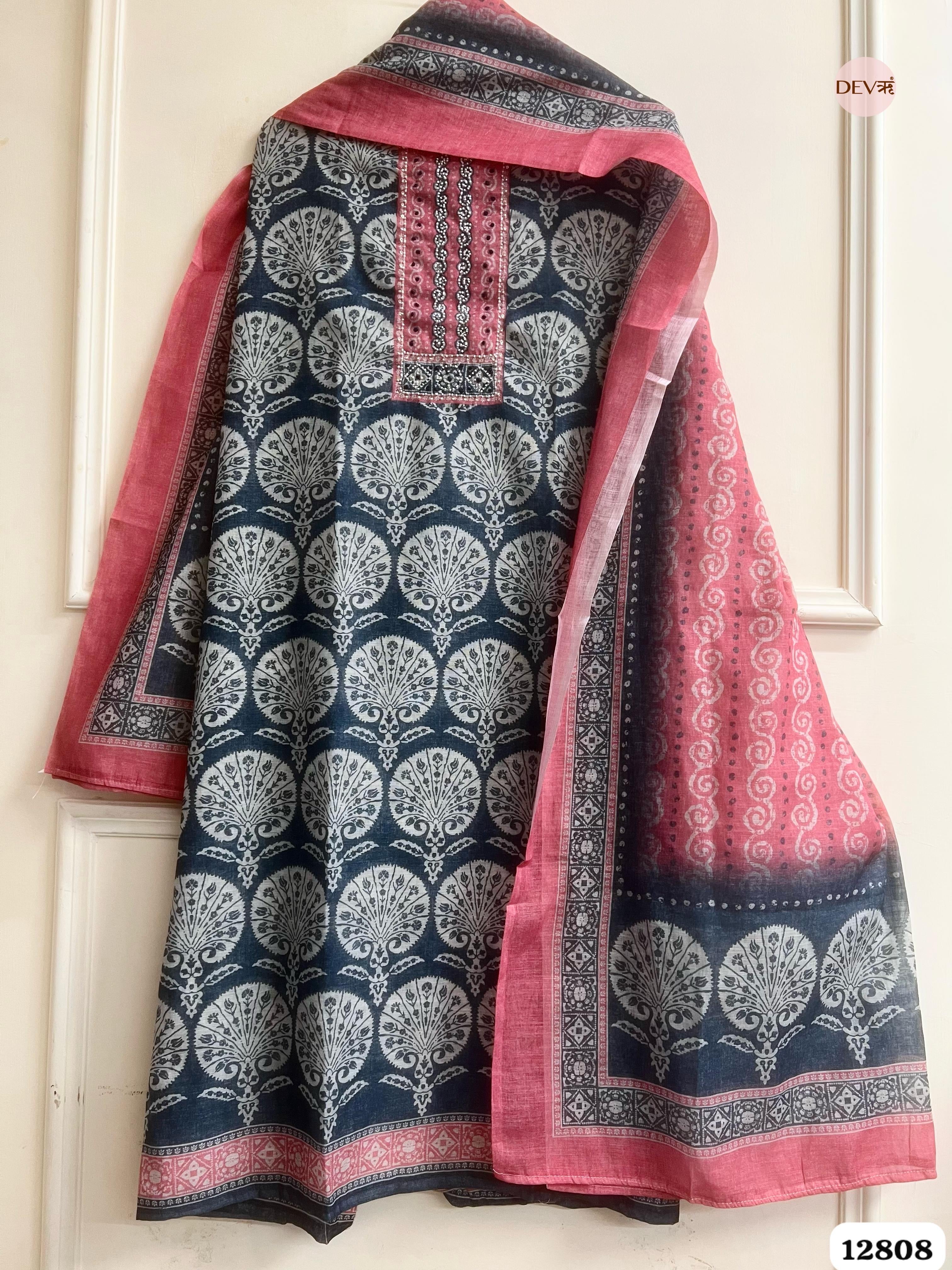 Grey Linen Cotton Printed Unstitched 3-Piece Suit (Devri – D.No 12808)
