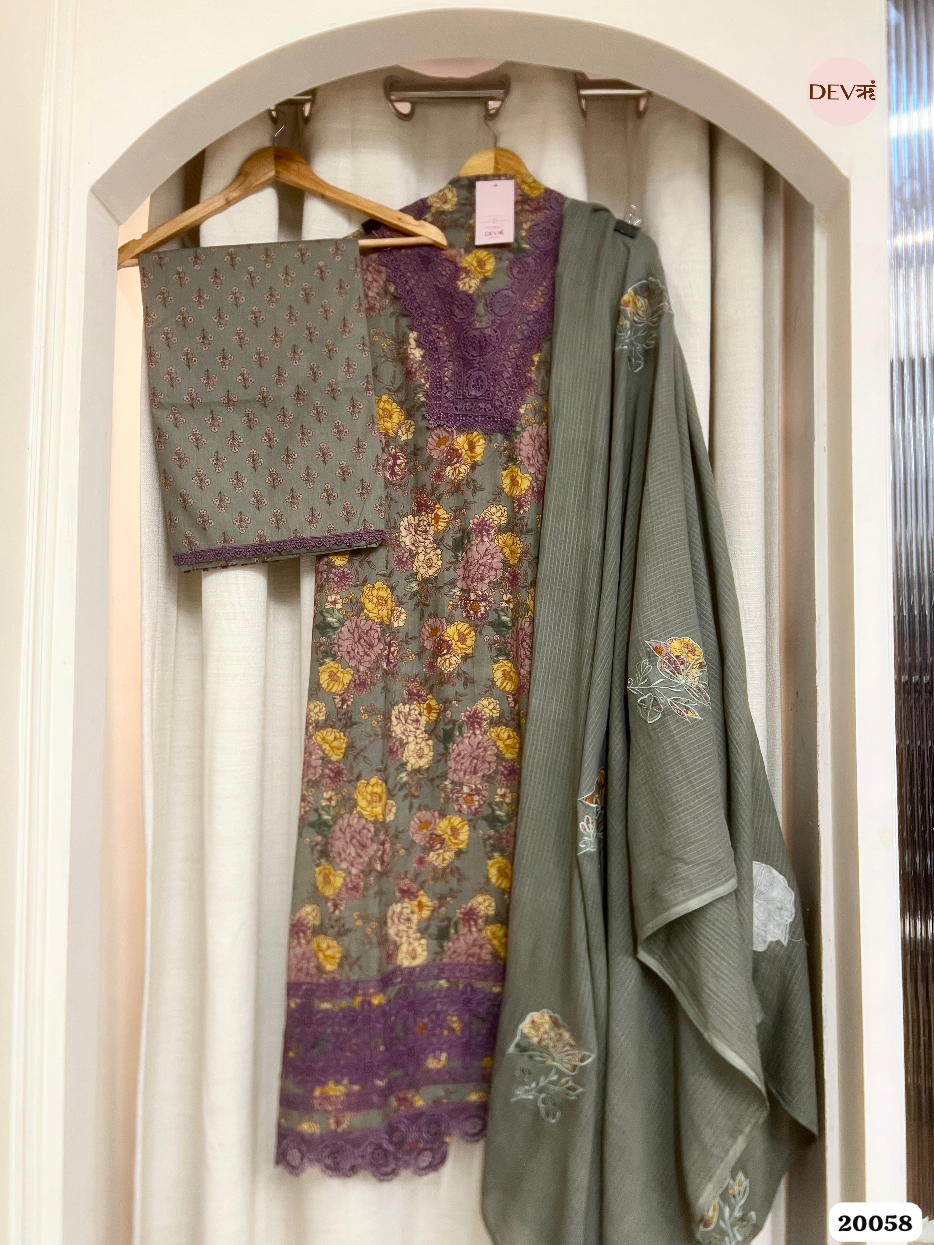 grey Cotton Printed Unstitched 3-Piece Suit (Devri – D.No. 20058)