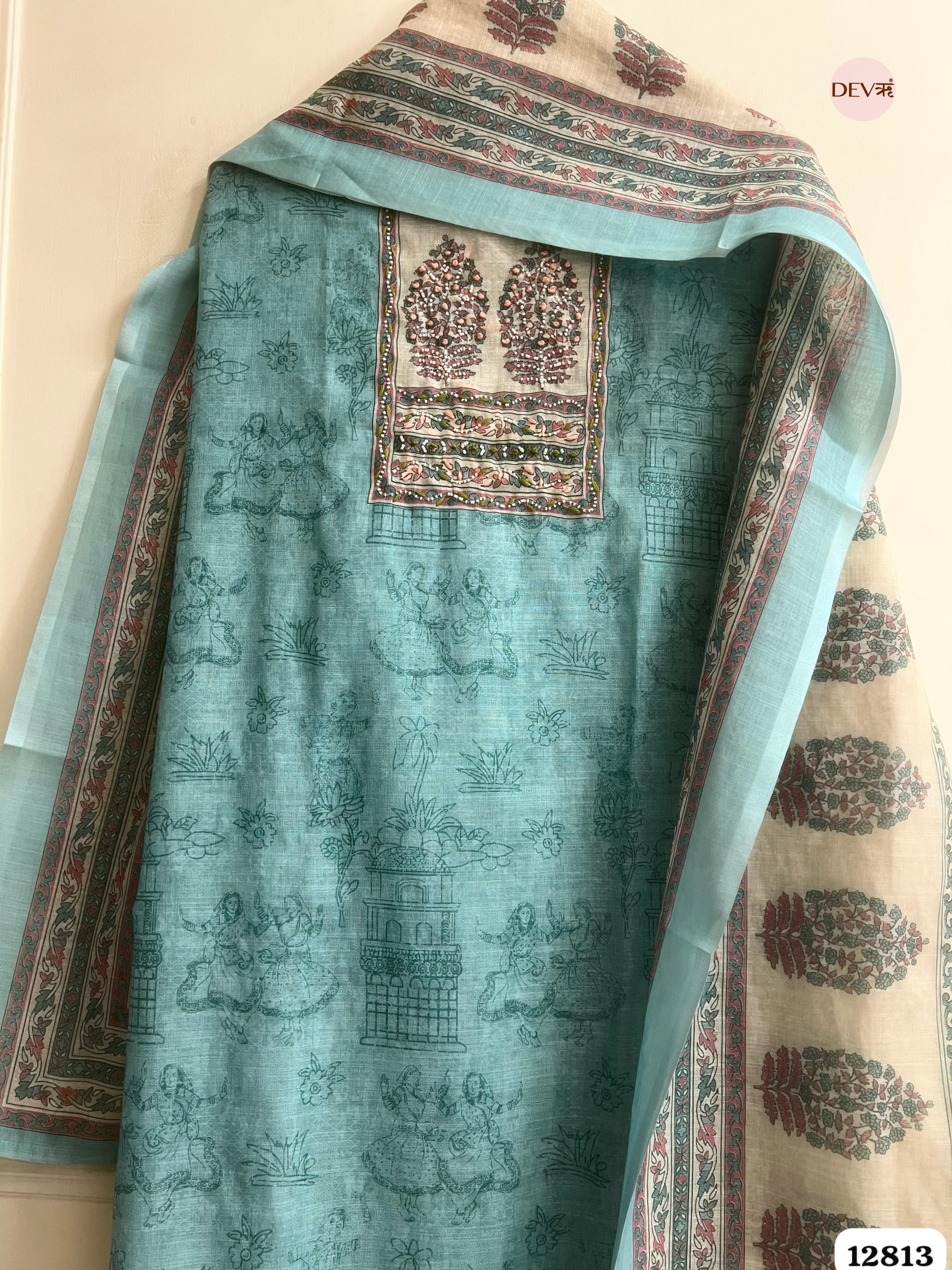 Aqua Linen Cotton Printed Unstitched 3-Piece Suit (Devri – D.No 12813)