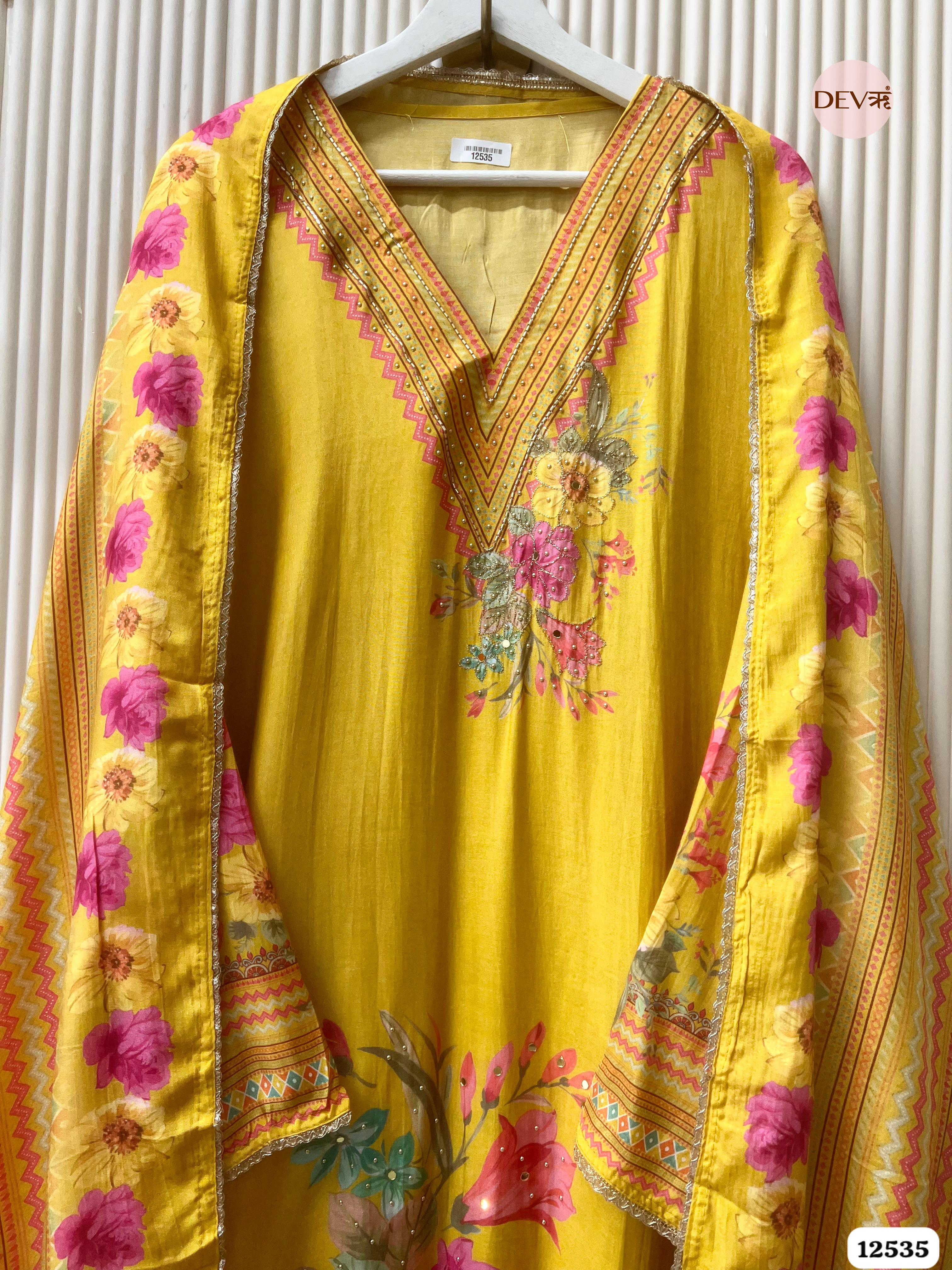 Yellow Muslin Printed Unstitched 3-Piece Suit (Devri – D.No. 12535)