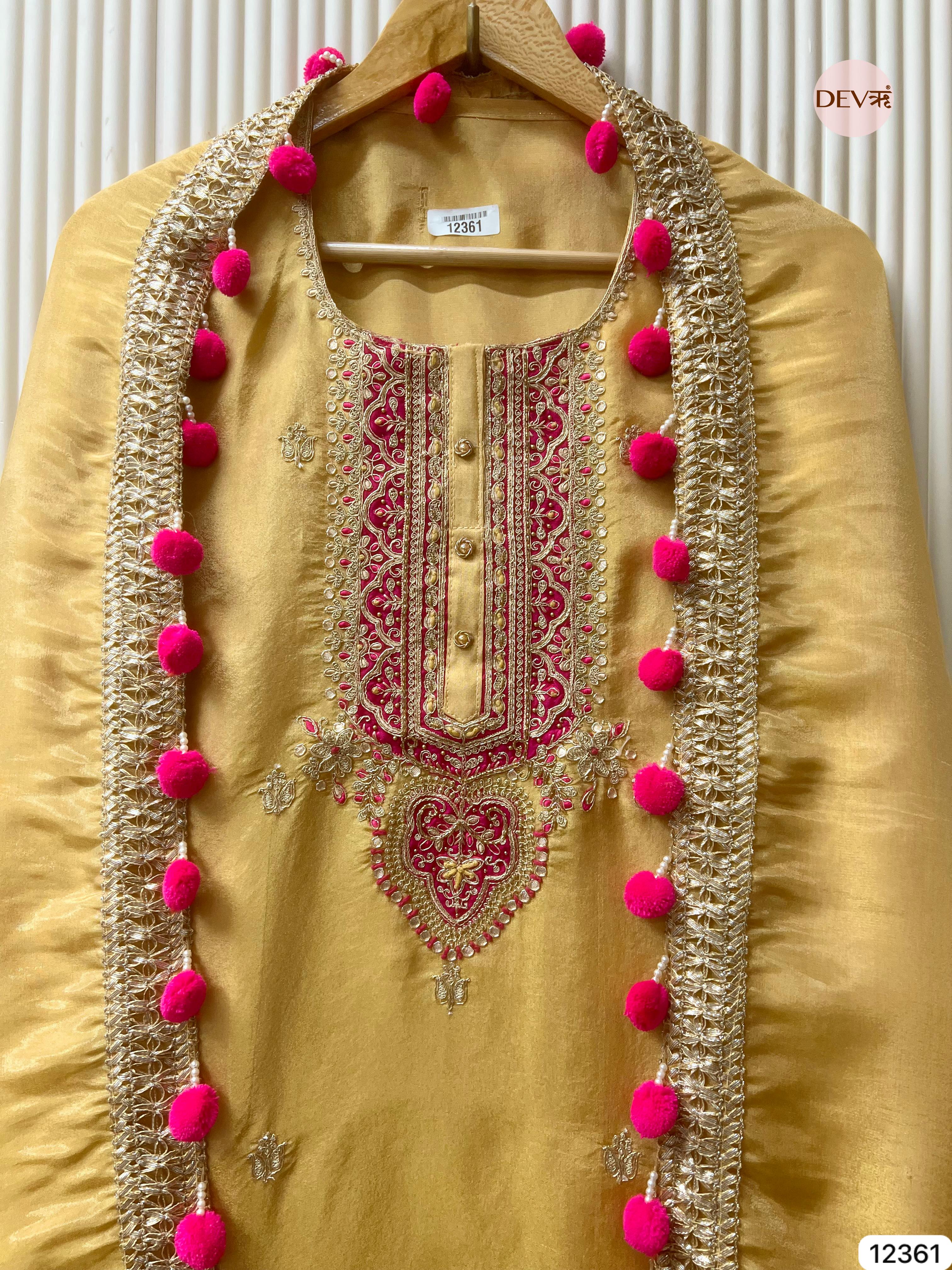 Mustard Shimmer Silk Hand Embroidered Unstitched 3-Piece Suit (Devri – D.No 12361)