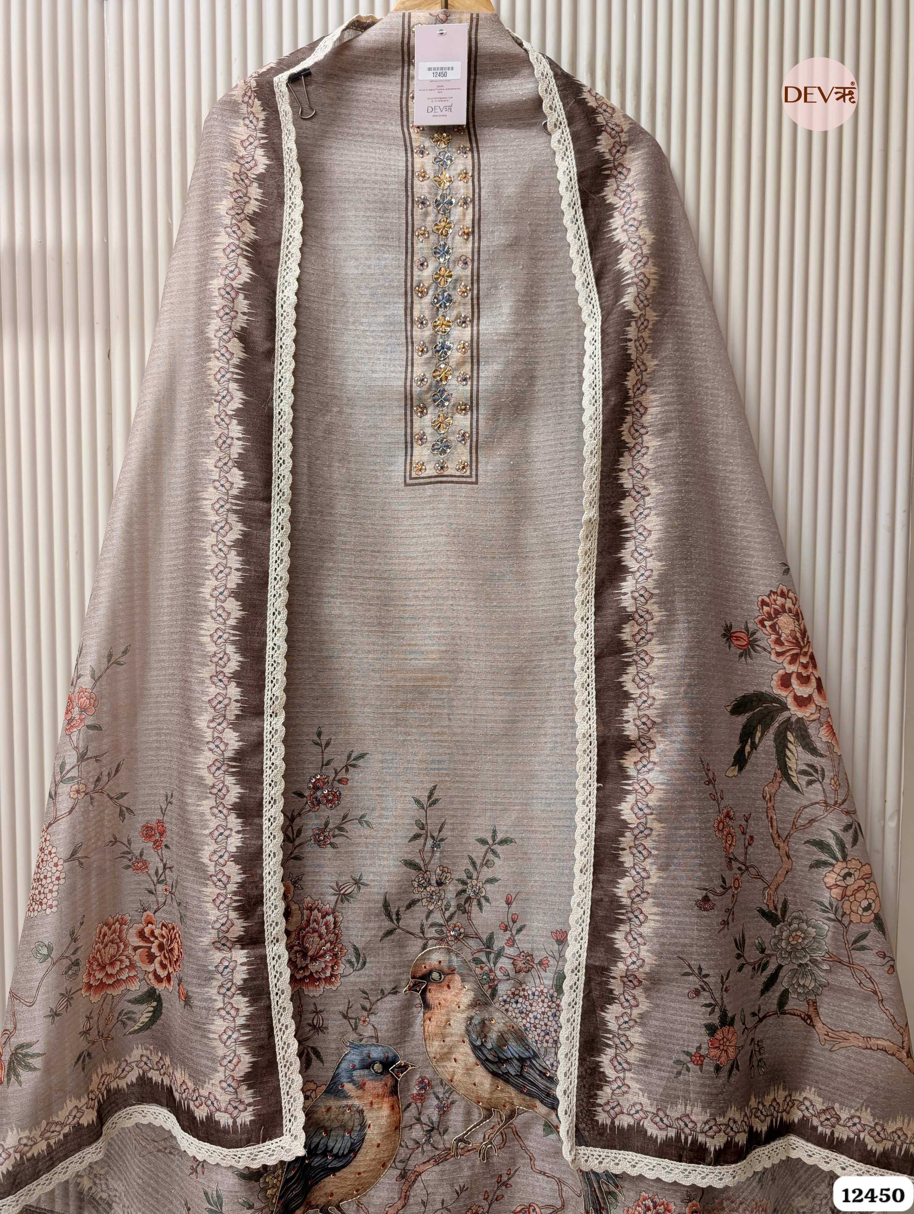Taupe Grey Linen Cotton Printed Unstitched 3-Piece Suit (Devri – D.No.12450)