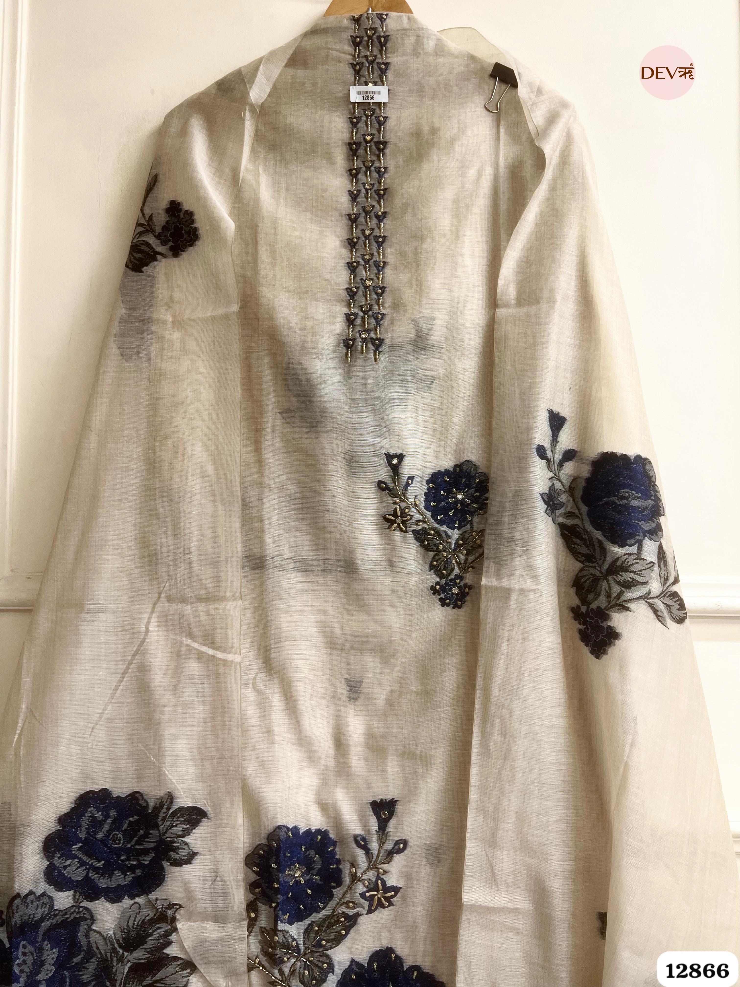 Ivory Mul Chanderi Embroidered Unstitched 3-Piece Suit (Devri – D.No 12866)