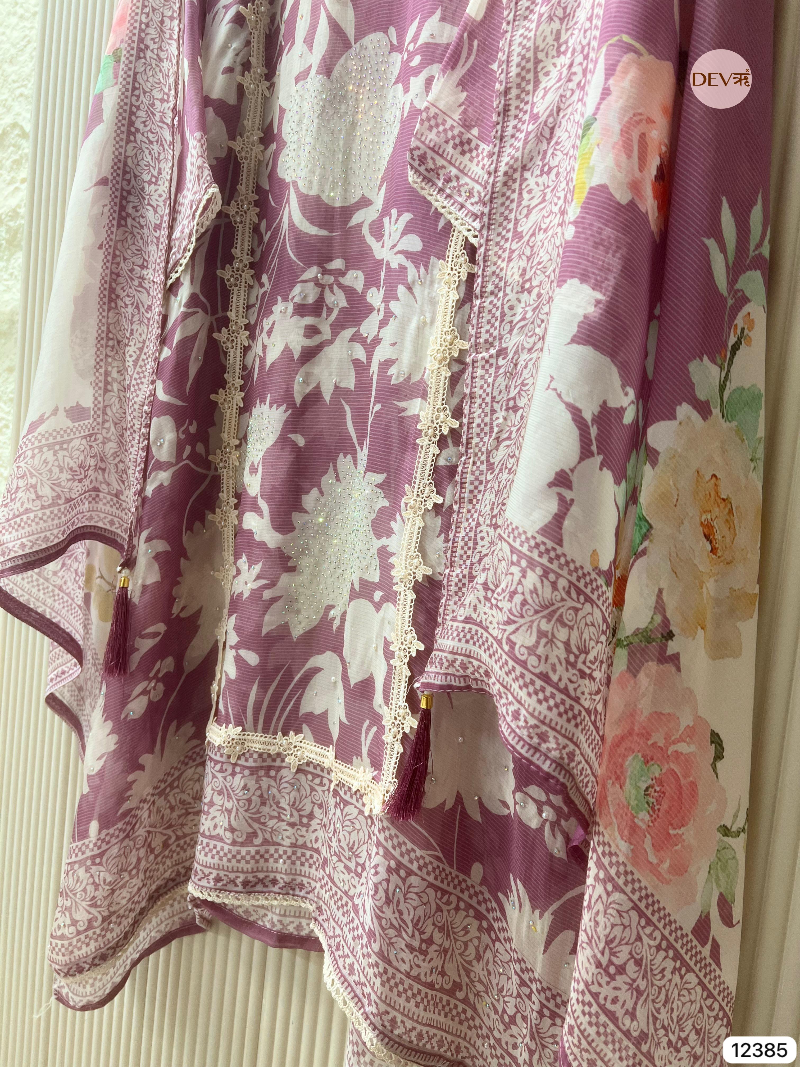 Dusty Mauve Organza Printed Unstitched 3-Piece Suit (Devri – D.No 12385)